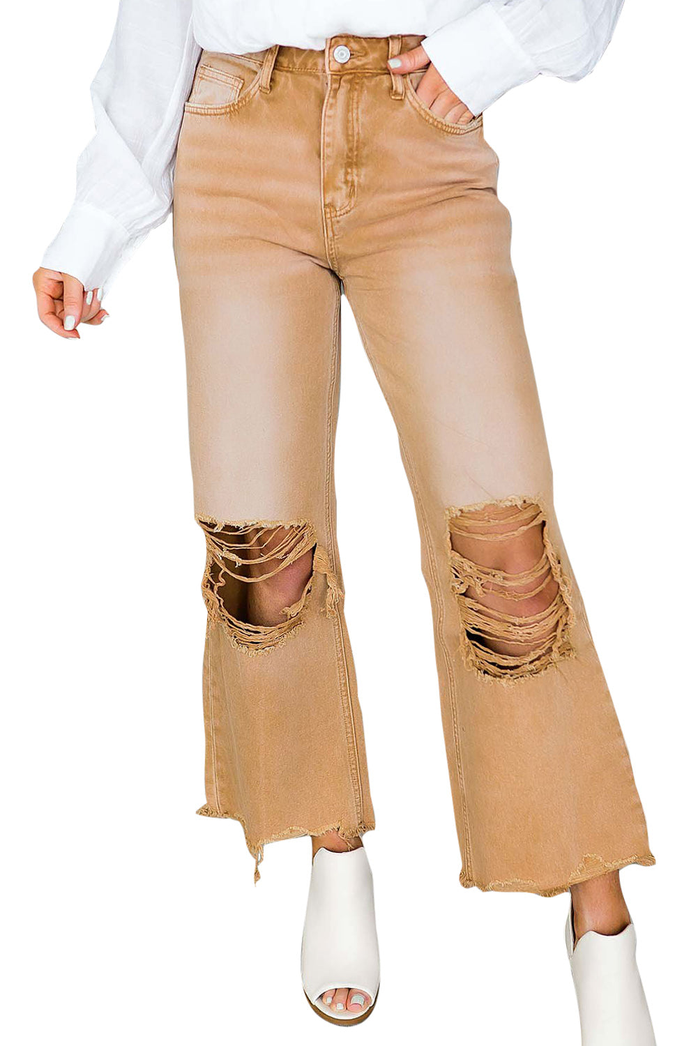 Black Distressed Hollow-out High Waist Cropped Flare Jeans Beagle Boutique Fashion Outlet