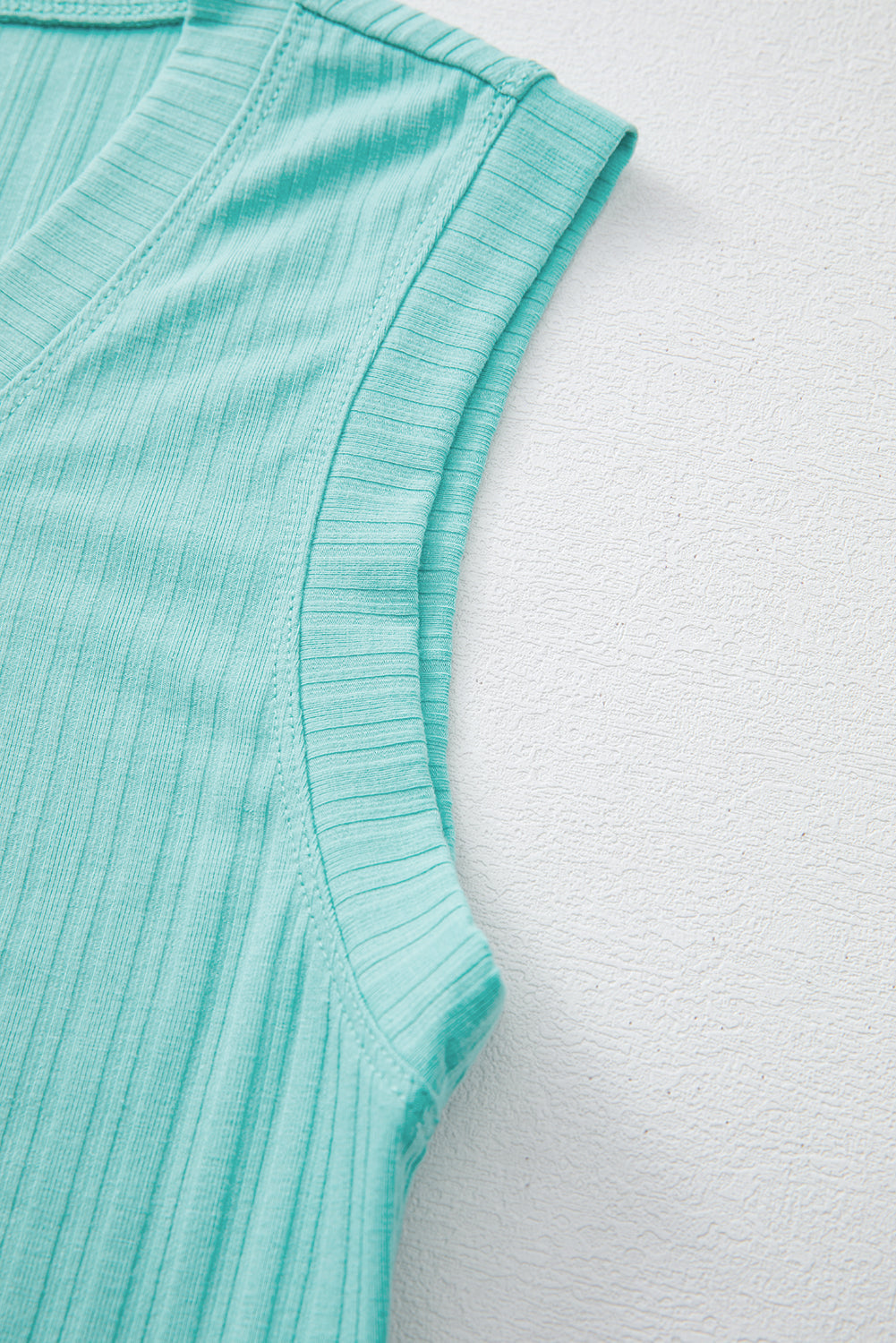 Mint Green Ribbed Button V Neck Tank Top and Shorts Set eAura