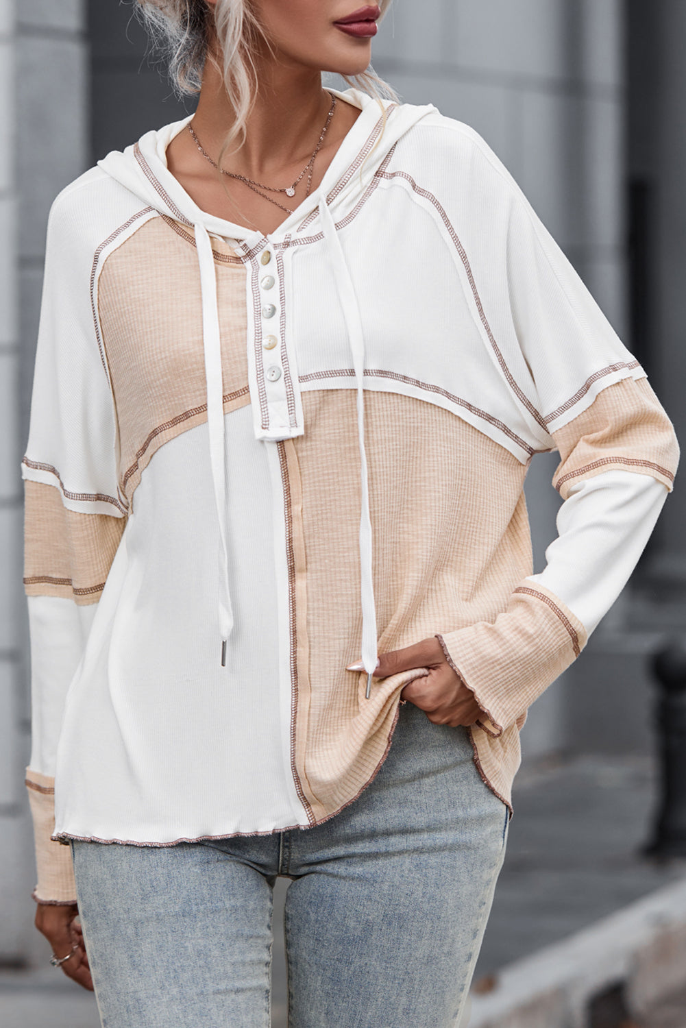 Grey Colourblock Seamed Ribbed Henley Hoodie eAura