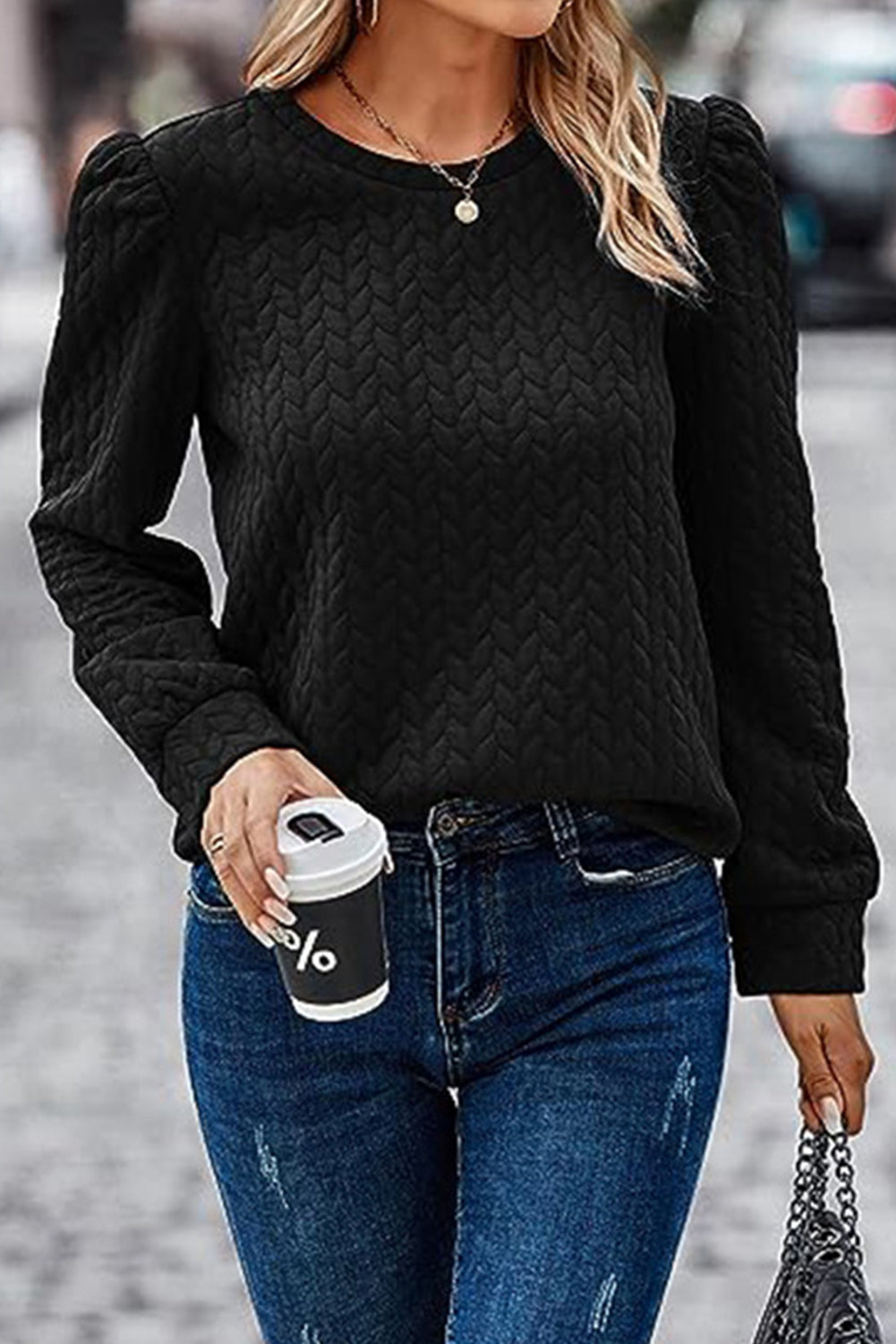 Light Pink Cable Textured Puff Sleeve Sweatshirt eAura