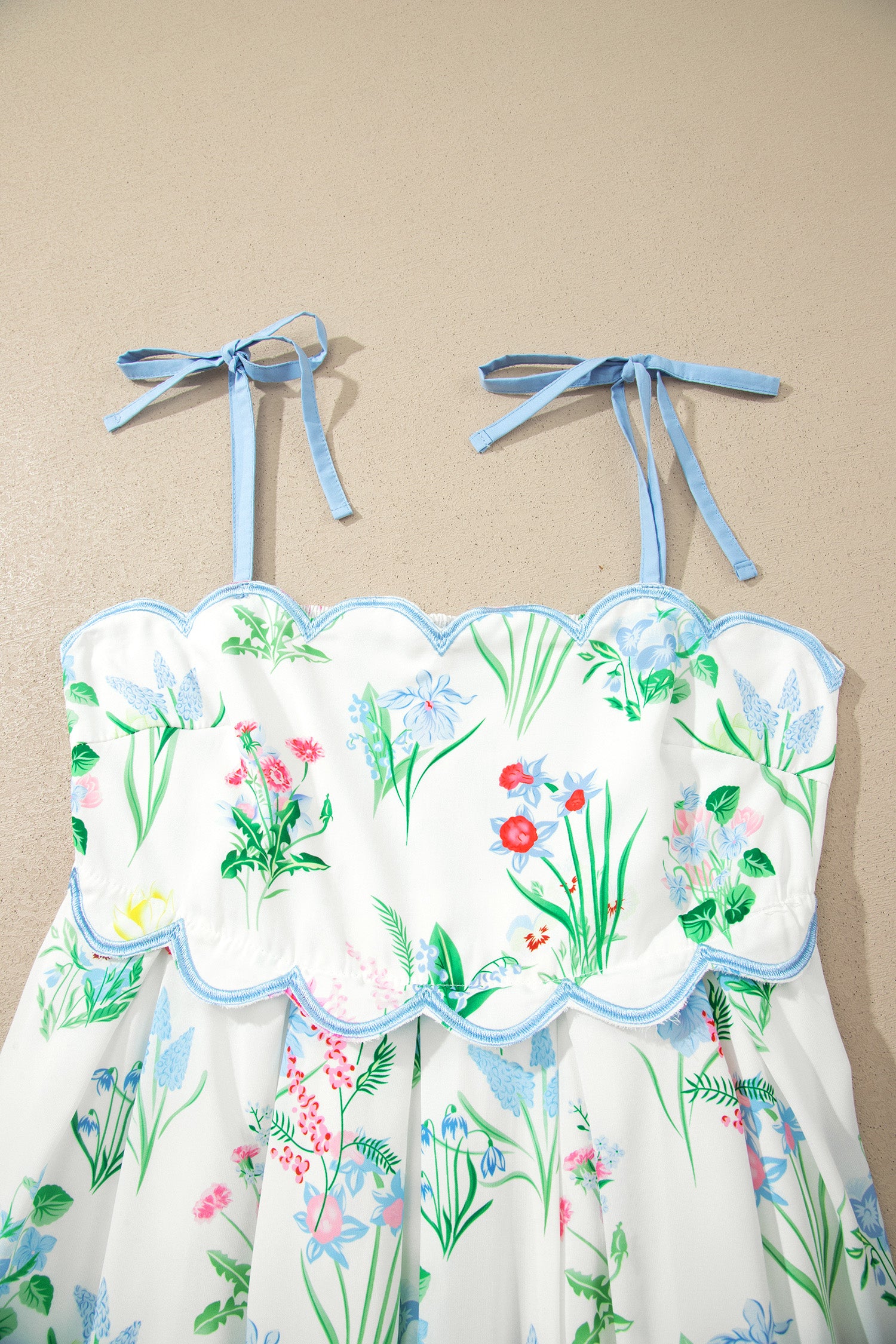 Floral Print Contrast Trim Self-Tie Straps Midi Dress