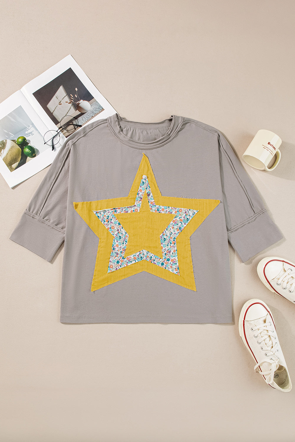 Medium Grey Floral Starbust Exposed Seam Mineral Wash Top eAura