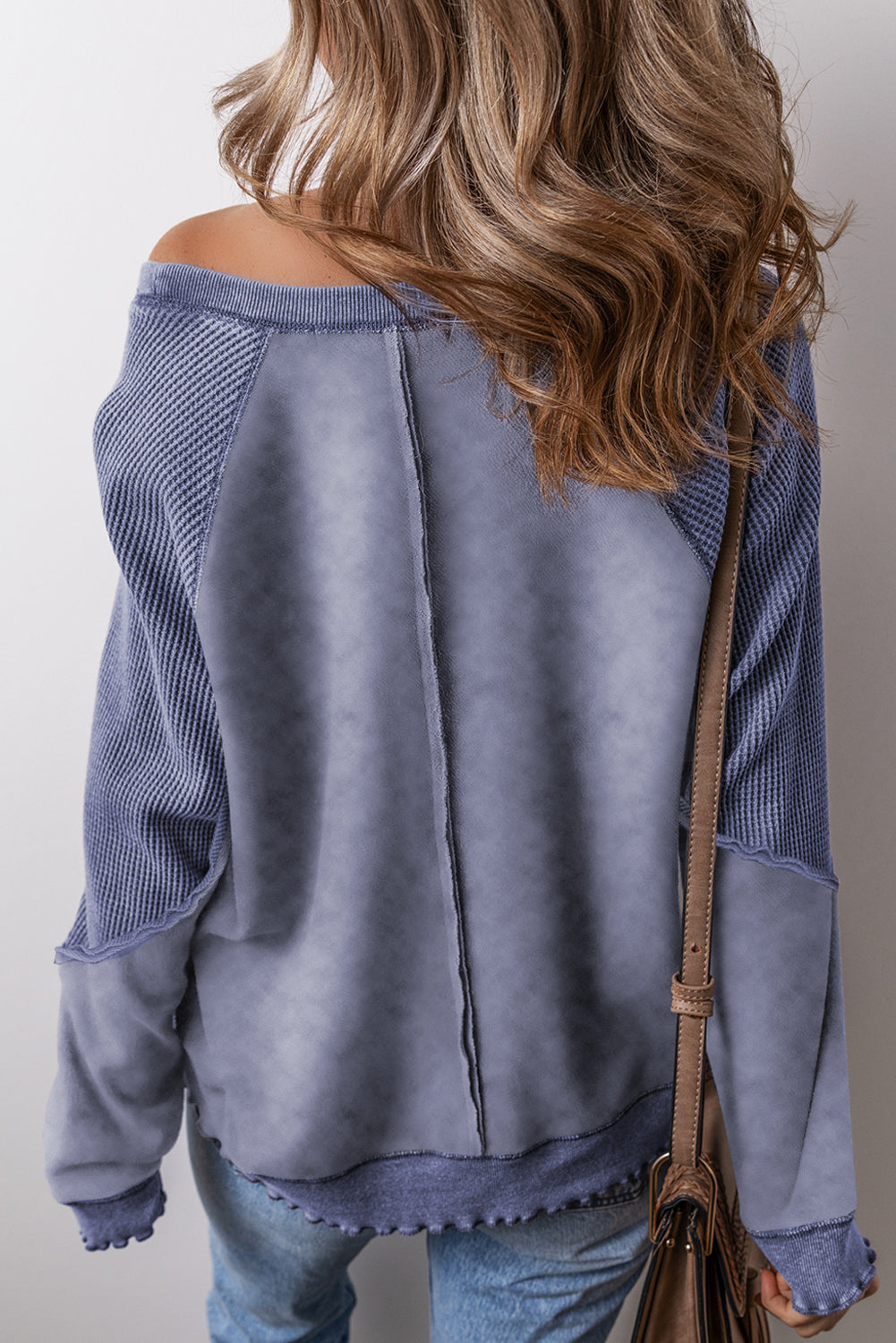 Black Solid Waffle Knit Patchwork Raglan Sleeve Sweatshirt Dear-Lover Dropshipping