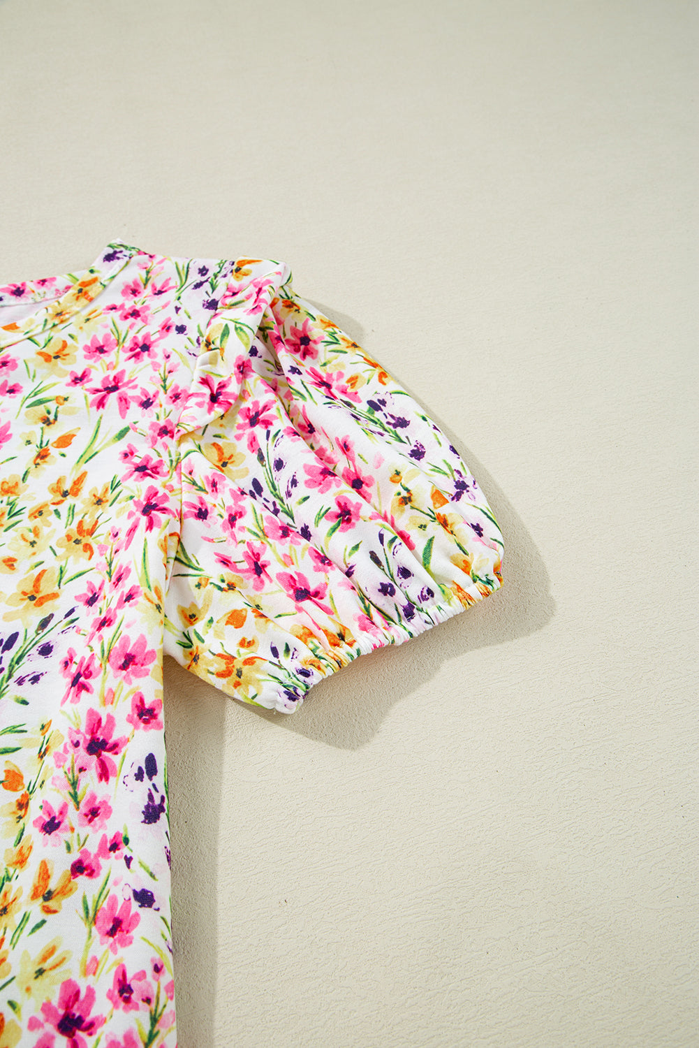 Pink Floral Puff Short Sleeve Crewneck Blouse eAura