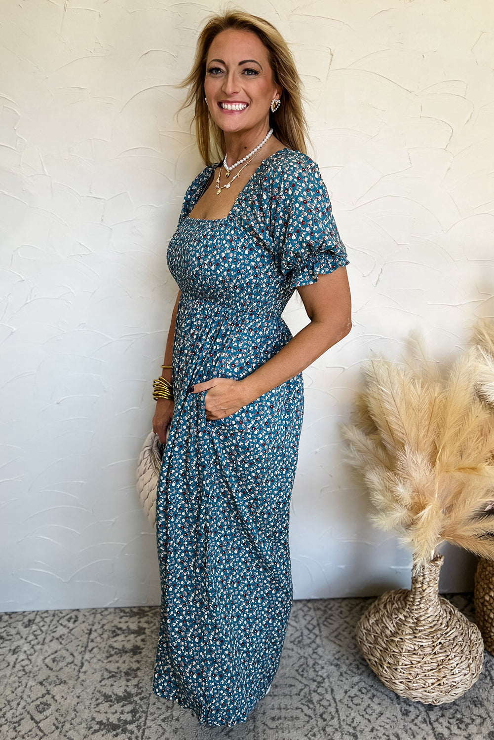 Blue Vintage Boho Floral Smocked Short Puff Sleeve Wide Leg Jumpsuit eAura