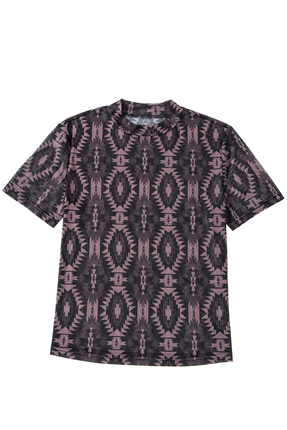 Aztec Print Mock Neck Short Sleeve Mesh T Shirt eAura