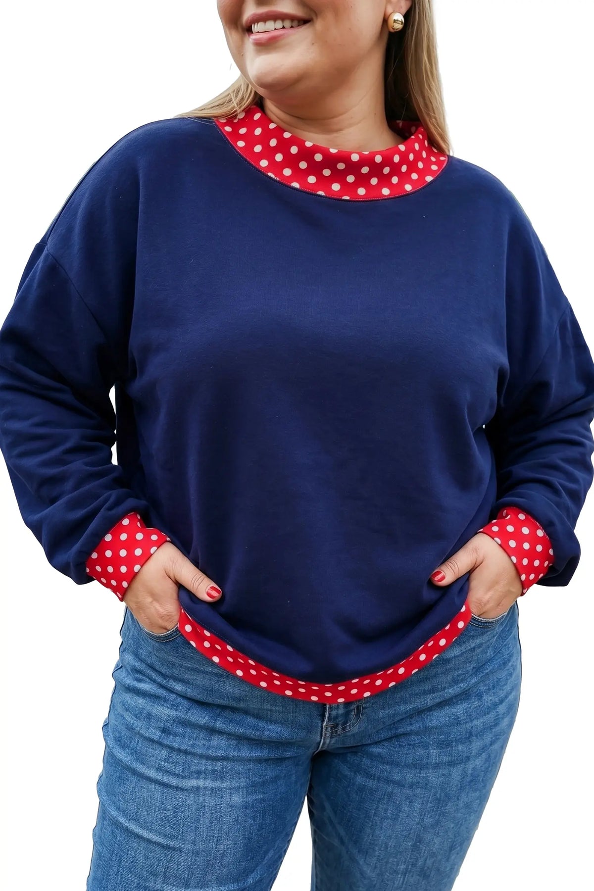 Polka Dot Patchwork Round Neck Plus Size Sweatshirt – Racing Red