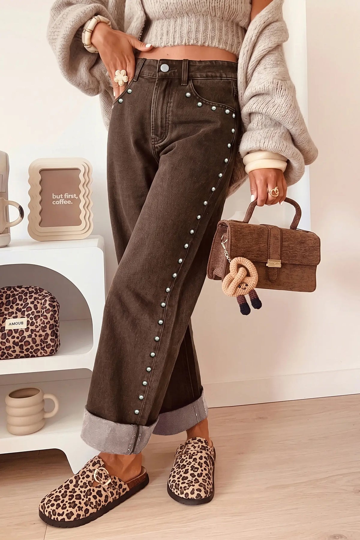 Studded Detail Straight Leg Casual Loose Jeans – Black