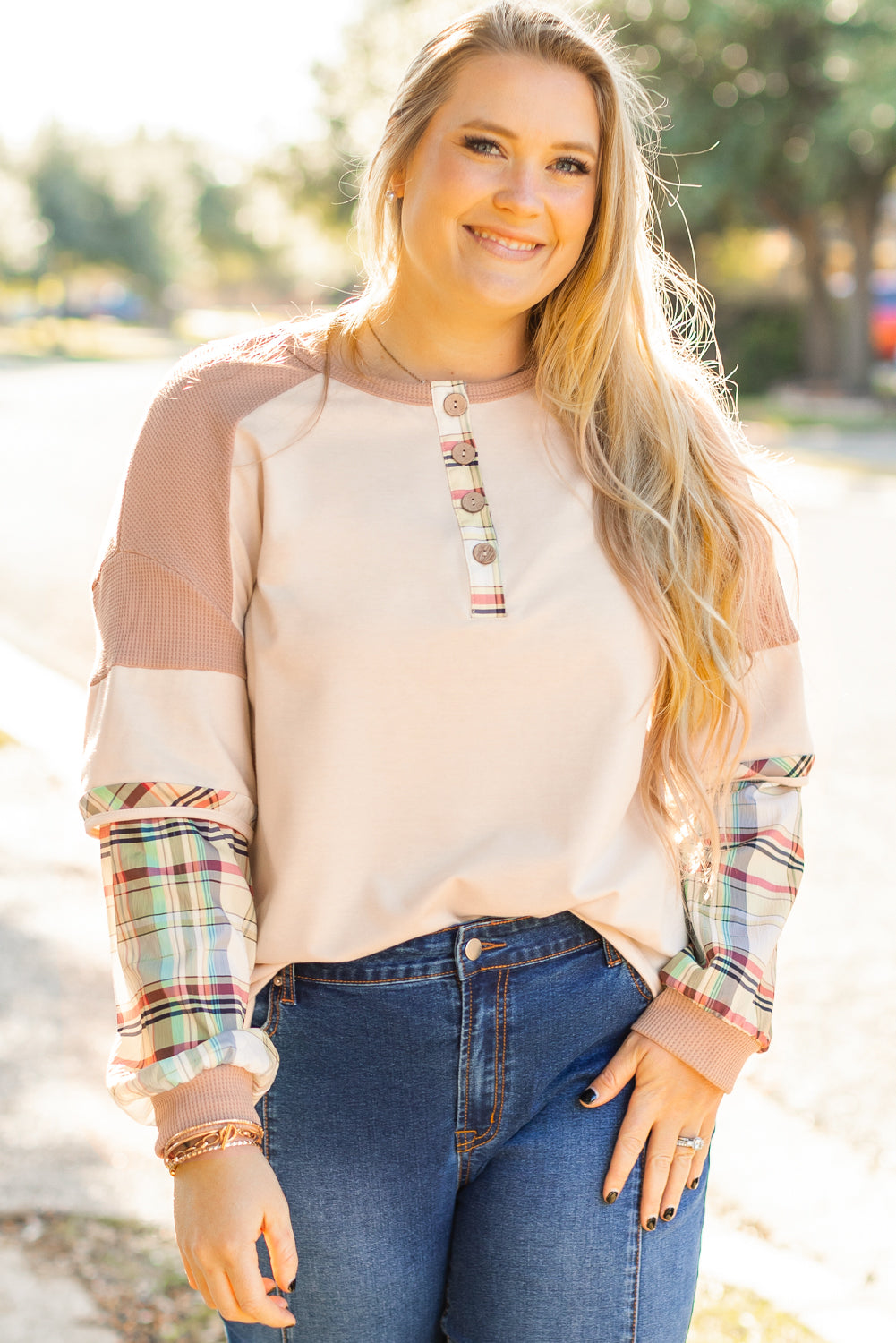 Parchment Plus Size Plaid Patchwork Layered Henley Top BB Fashion Outlet