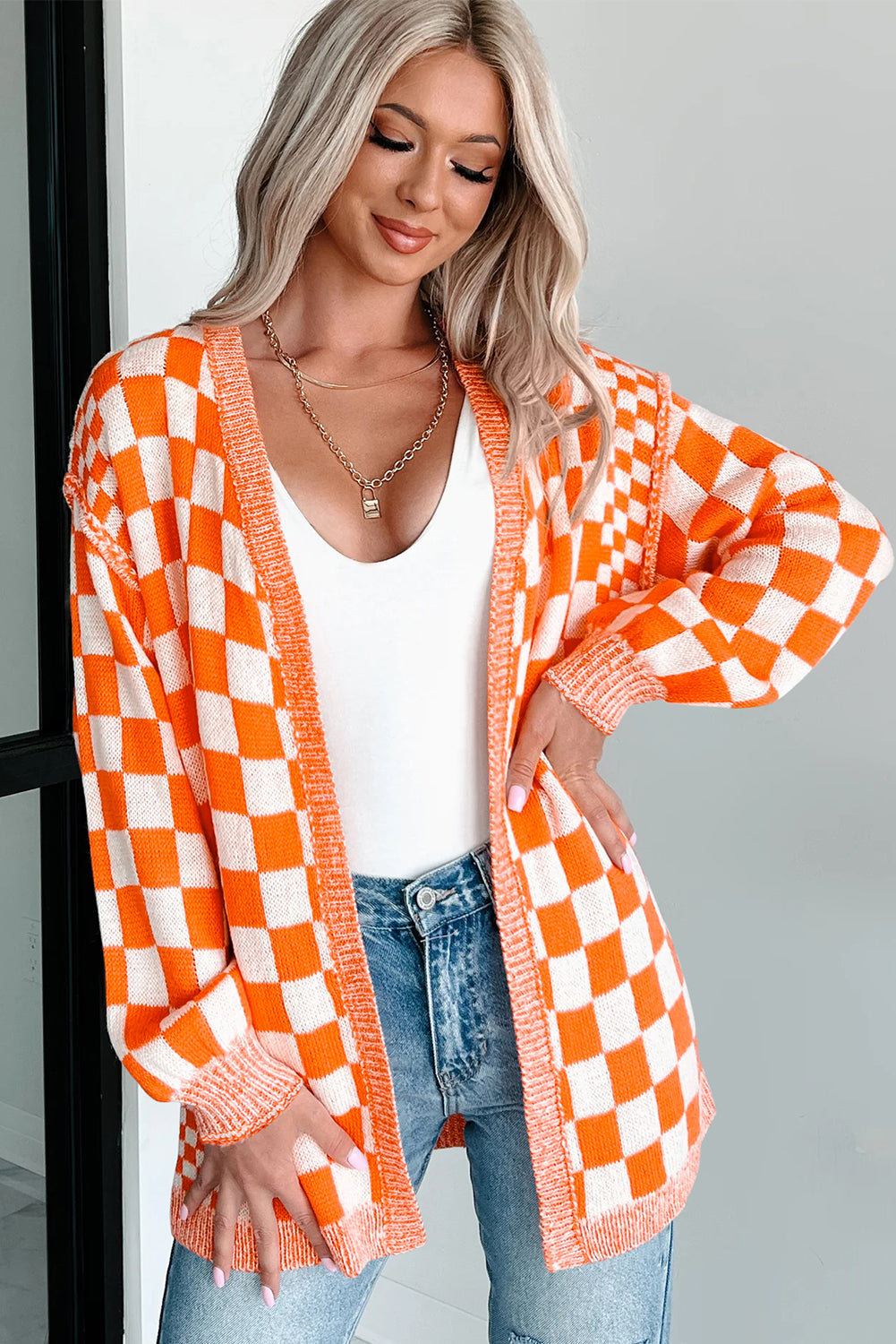 Orange Checkered Open Front Drop Shoulder Cardigan Dear-Lover Dropshipping