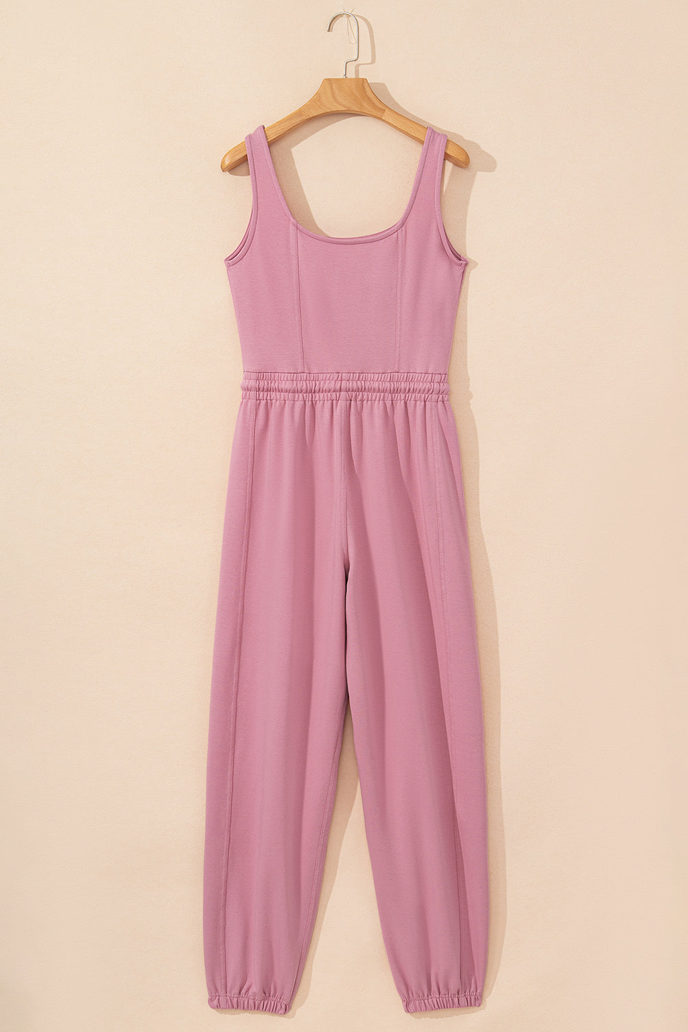 Light Pink Lace-up Elastic Waist Sleeveless Square Neck Jumpsuit eAura
