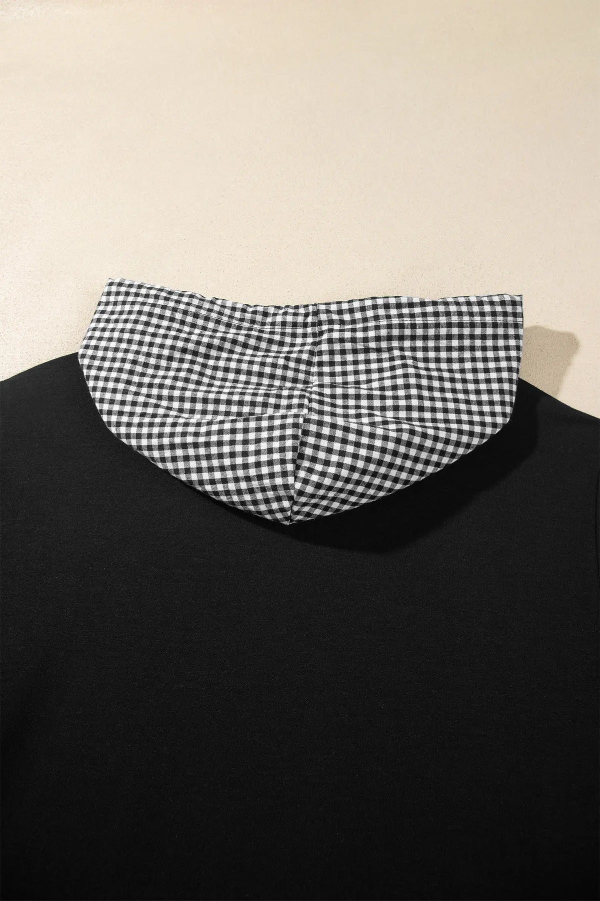 Hooded Gingham Paneling Chest Patch Pocket Long Sleeve Plus Size Blouse – Black