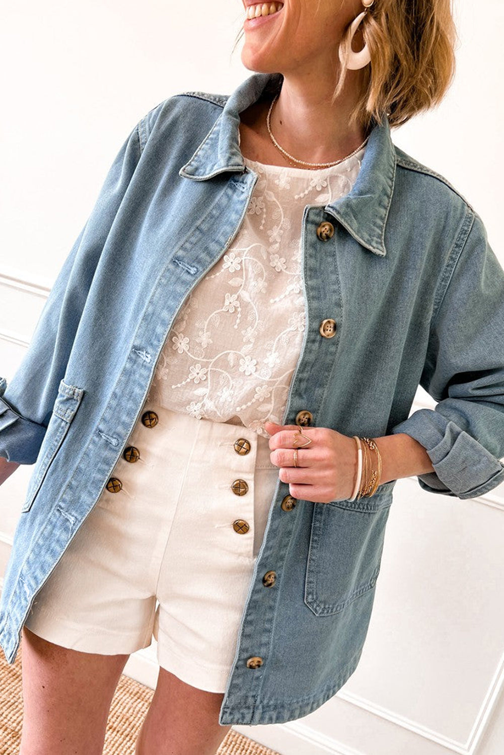 Dusk Blue Slit Buttons Pocketed Denim Jacket eAura