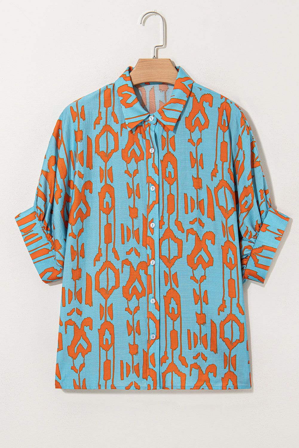 Sky Blue Abstract Print Dolman Short Sleeve Western Loose Shirt eAura