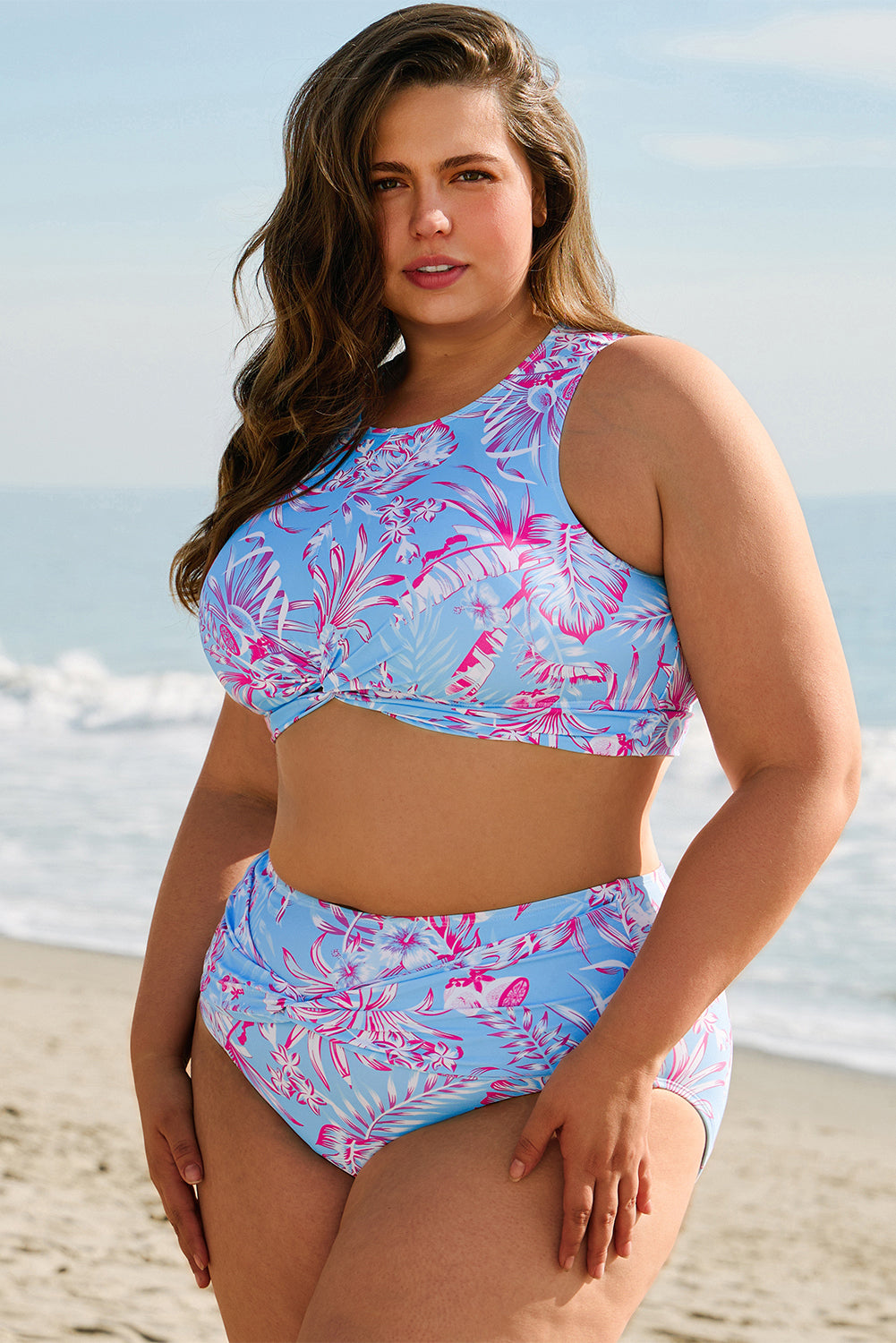 Sky Blue Plus Size Floral Print Twisted High Waist Bikini Set BB Fashion Outlet