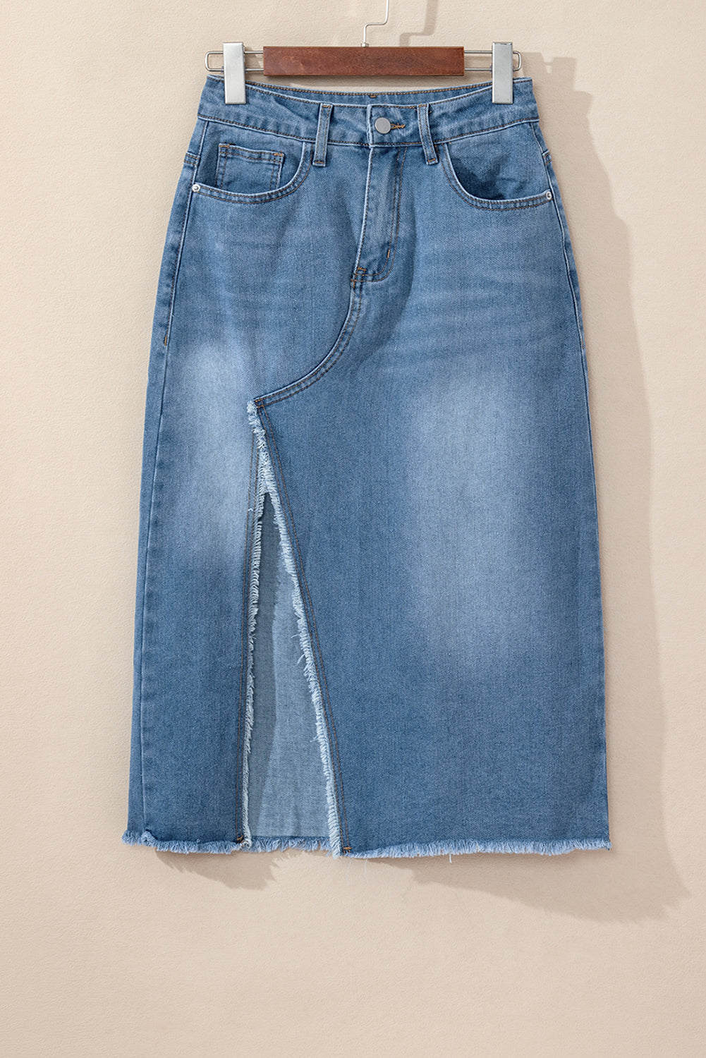 Light Blue Frayed Slit Asymmetric Denim Midi Skirt eAura