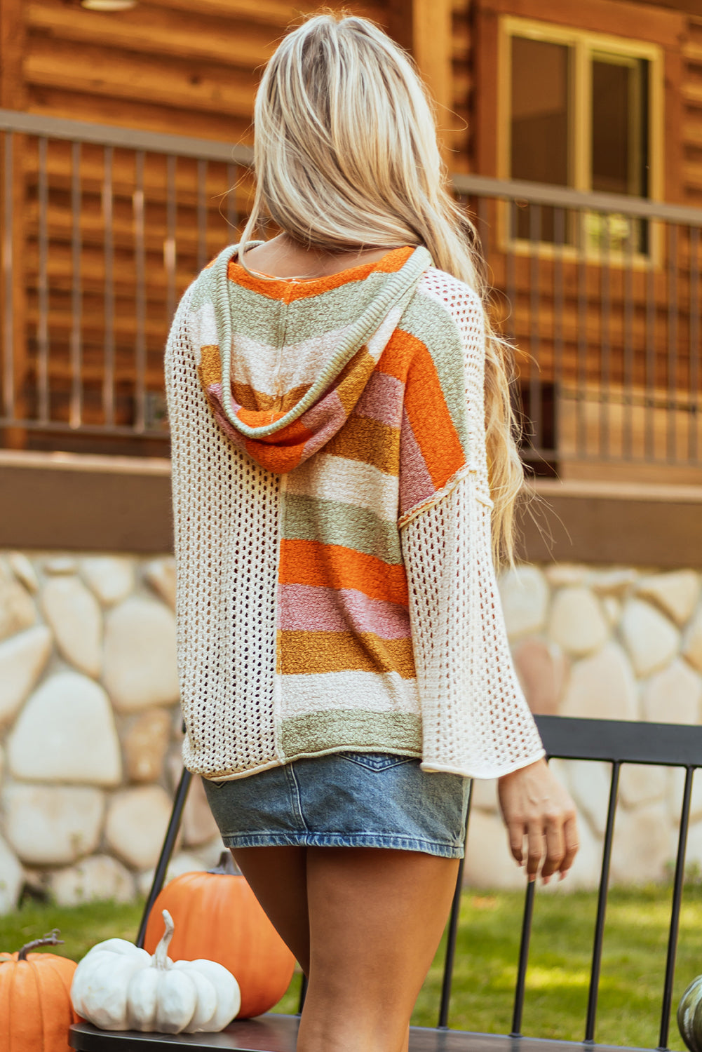 Beige Oversized Colourblock V Neck Hooded Sweater eAura