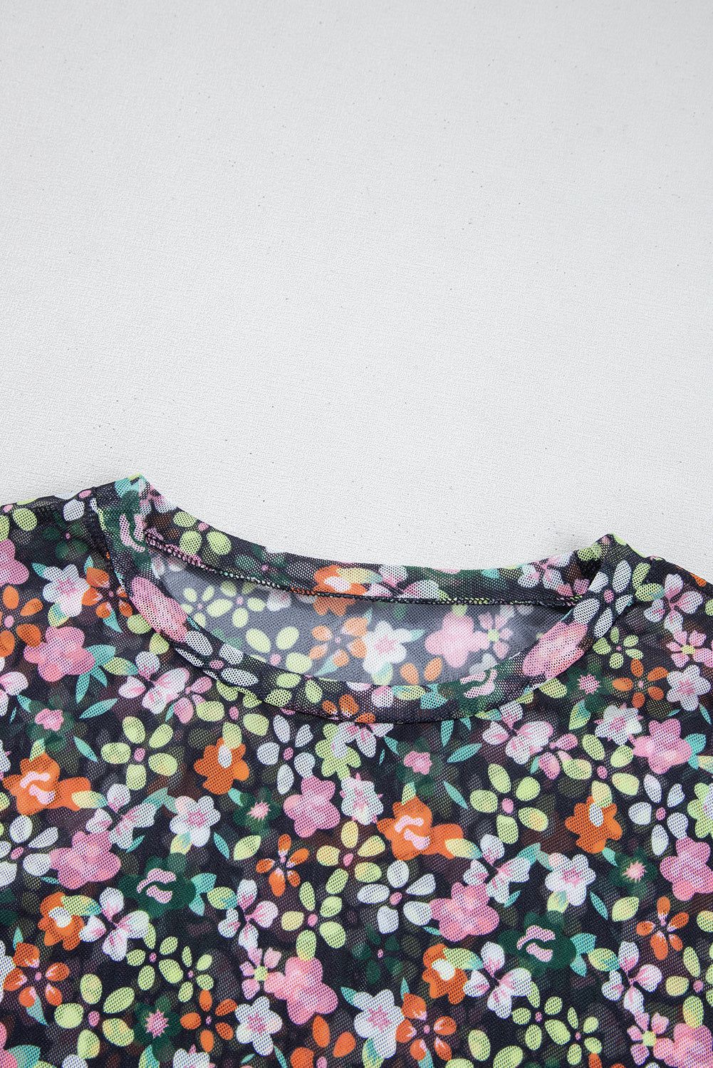 Black Sheer Floral Mesh Round Neck T-Shirt eAura