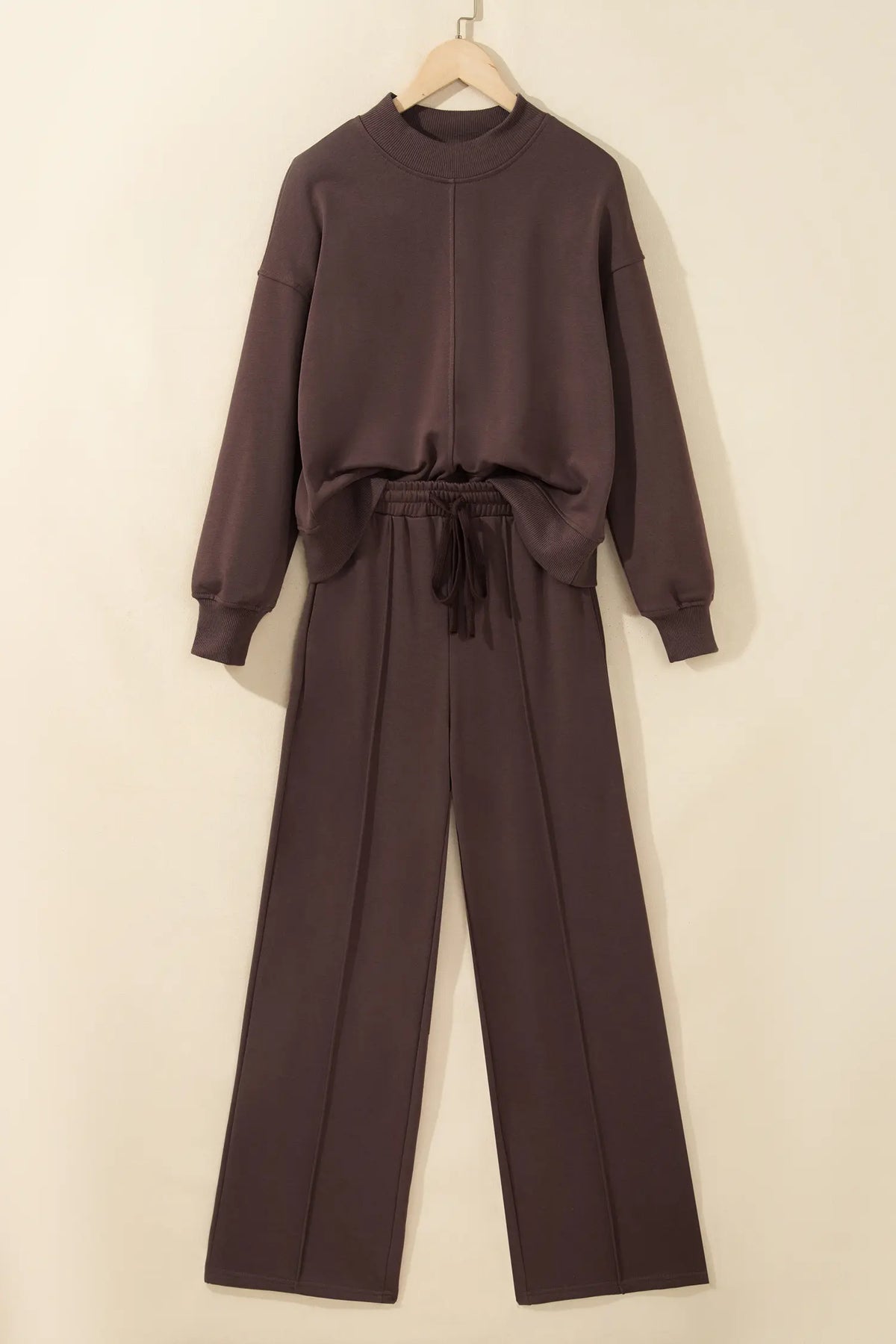 Coffee Solid Colour Piping Trim Mock Neck Pullover Drawstring Pants Set – Brown