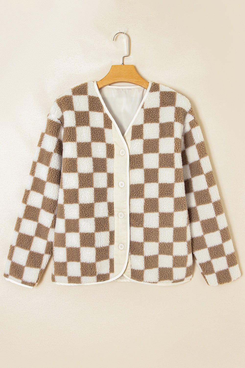 Brown Checkered Sherpa Buttoned Front Chunky Jacket eAura