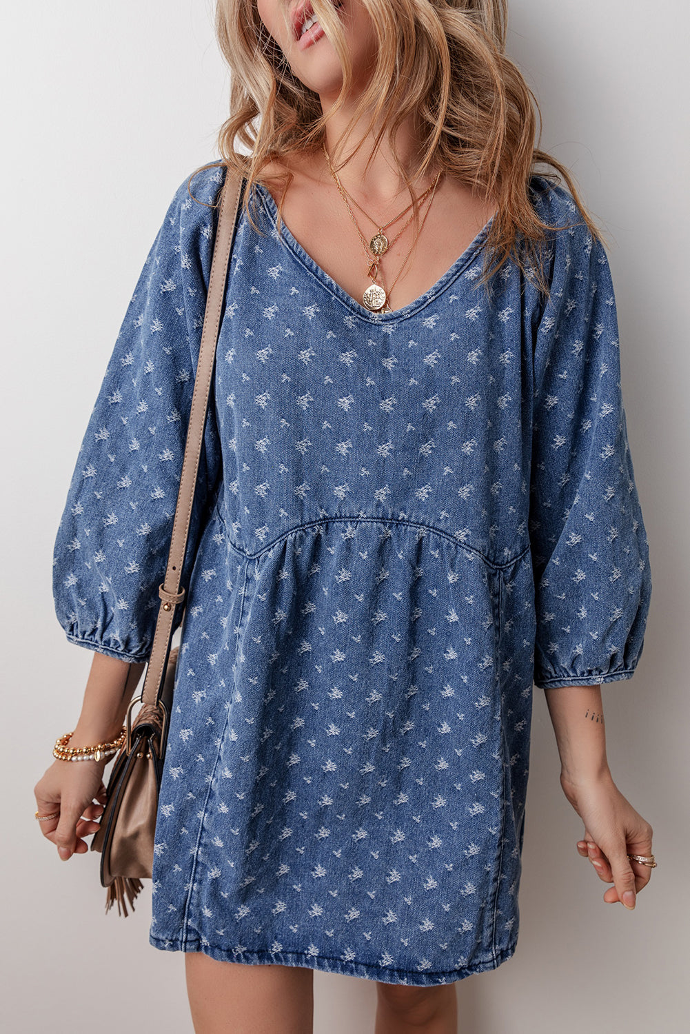 Ashleigh Blue Textured Open Back Loose Fit Denim Dress Beagle Boutique Fashion Outlet