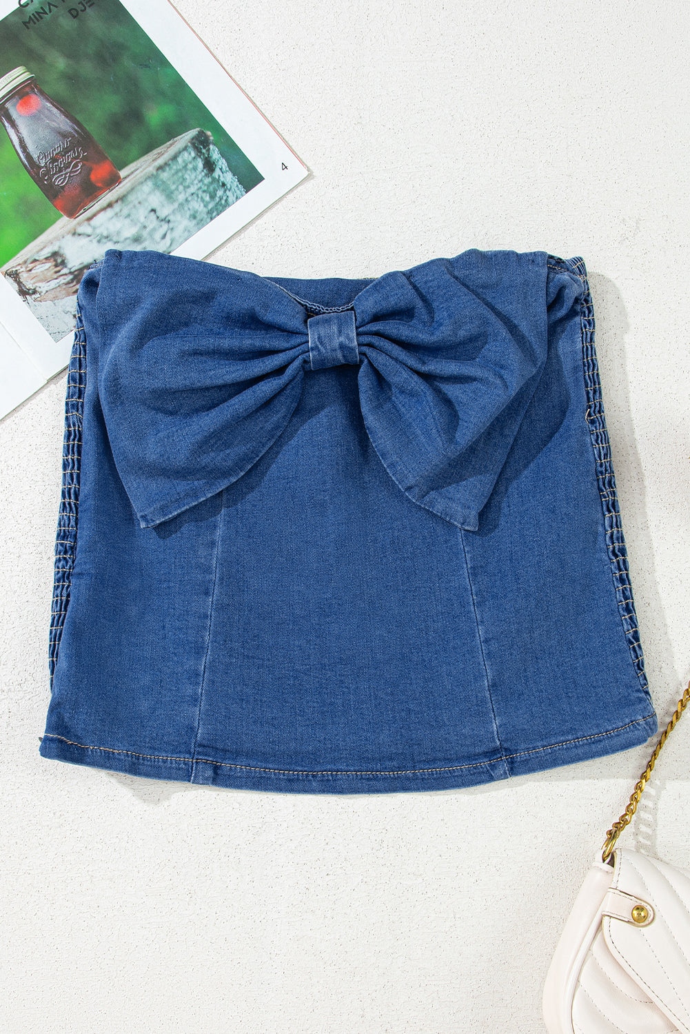 Sail Blue Vintage Bow Front Smocked Back Denim Tube Top eAura