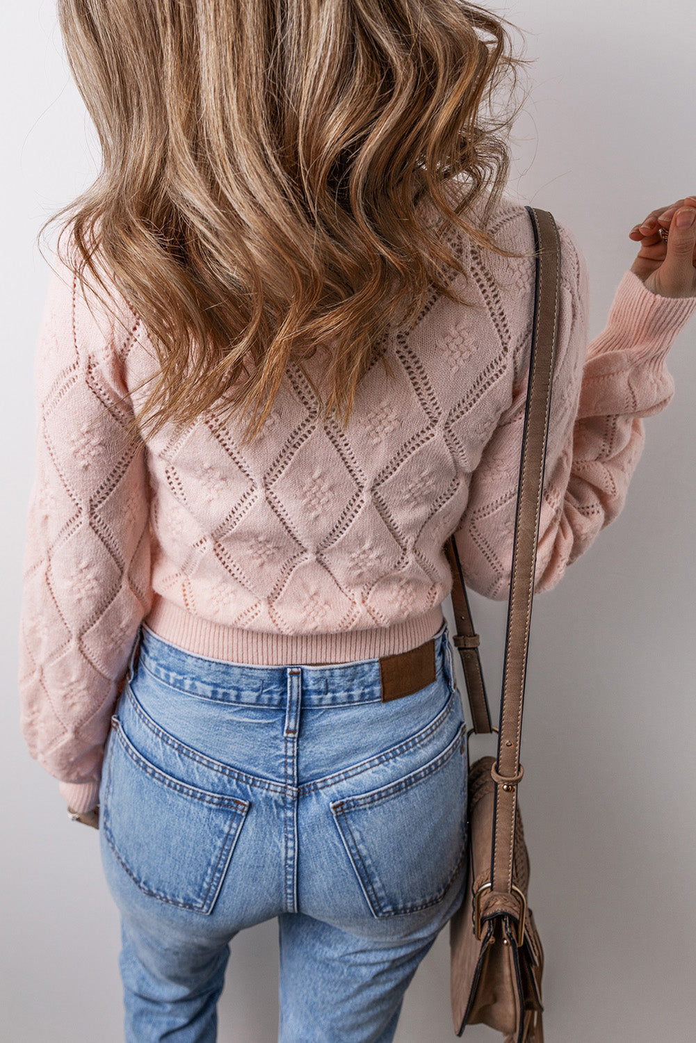 Gossamer Pink Openwork Plaid Puff Sleeve Cropped Sweater eAura
