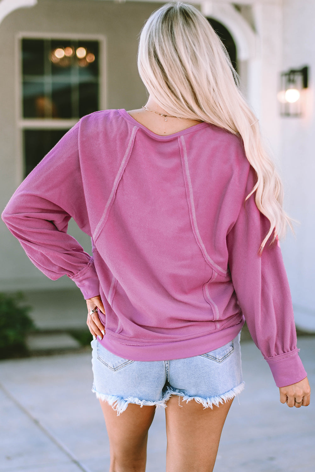 Pink Exposed Seam Round Neck Terry Pullover eAura
