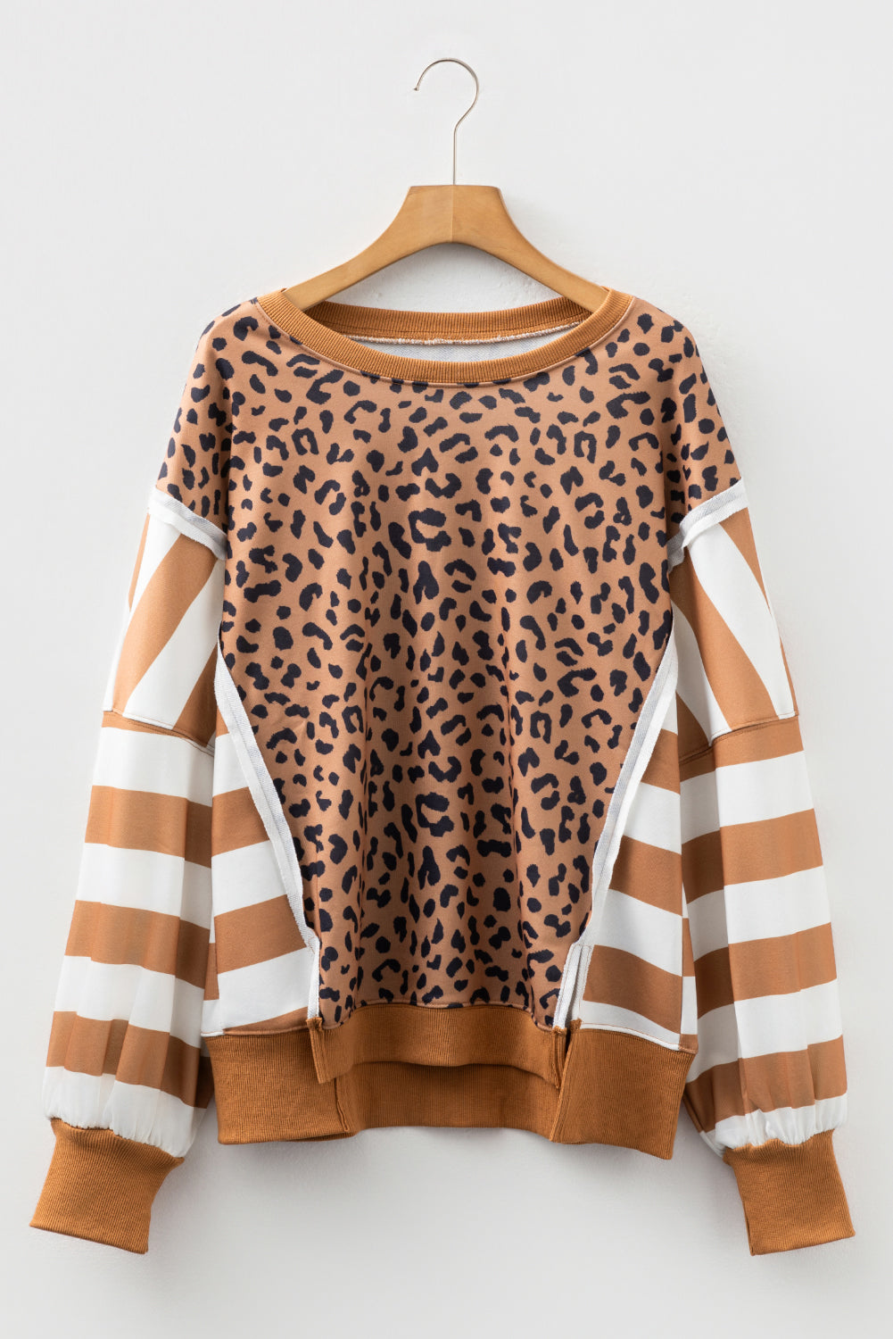 Stripe Colour Block Leopard Casual Sweatshirt with Slits - Tops/Sweatshirts & Hoodies