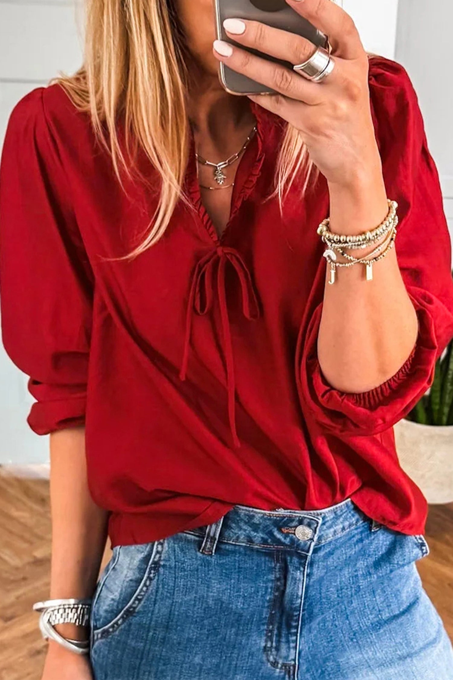 Frilled V-Neck Bow Detail 3/4 Sleeve Blouse - eAura