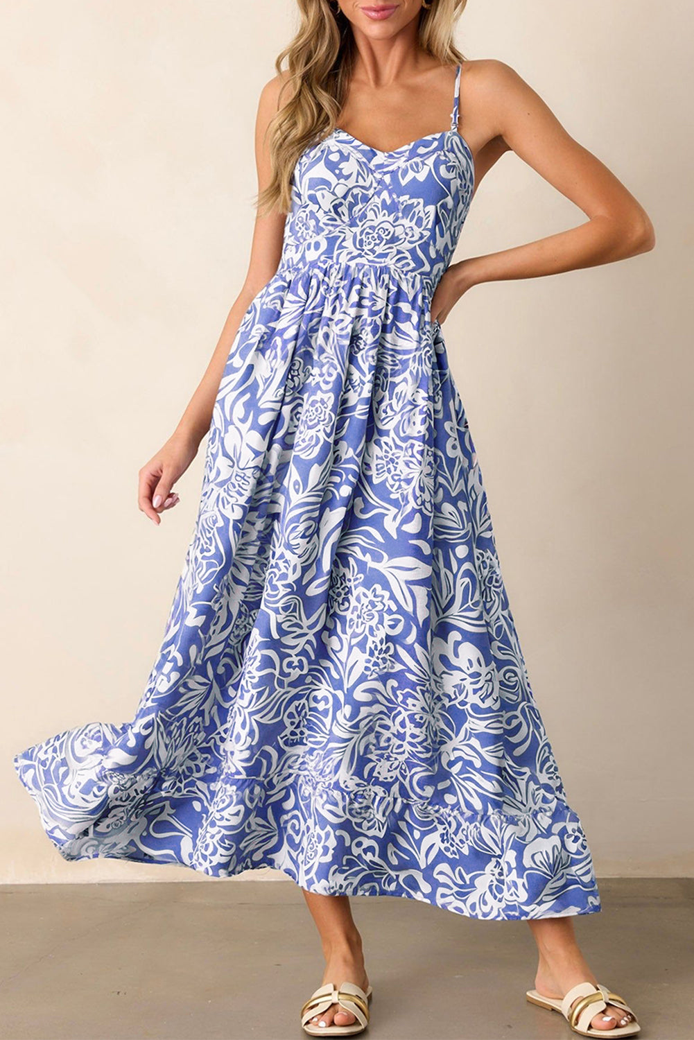 Sky Blue Floral Print Spaghetti Strap High Waist Maxi Dress eAura