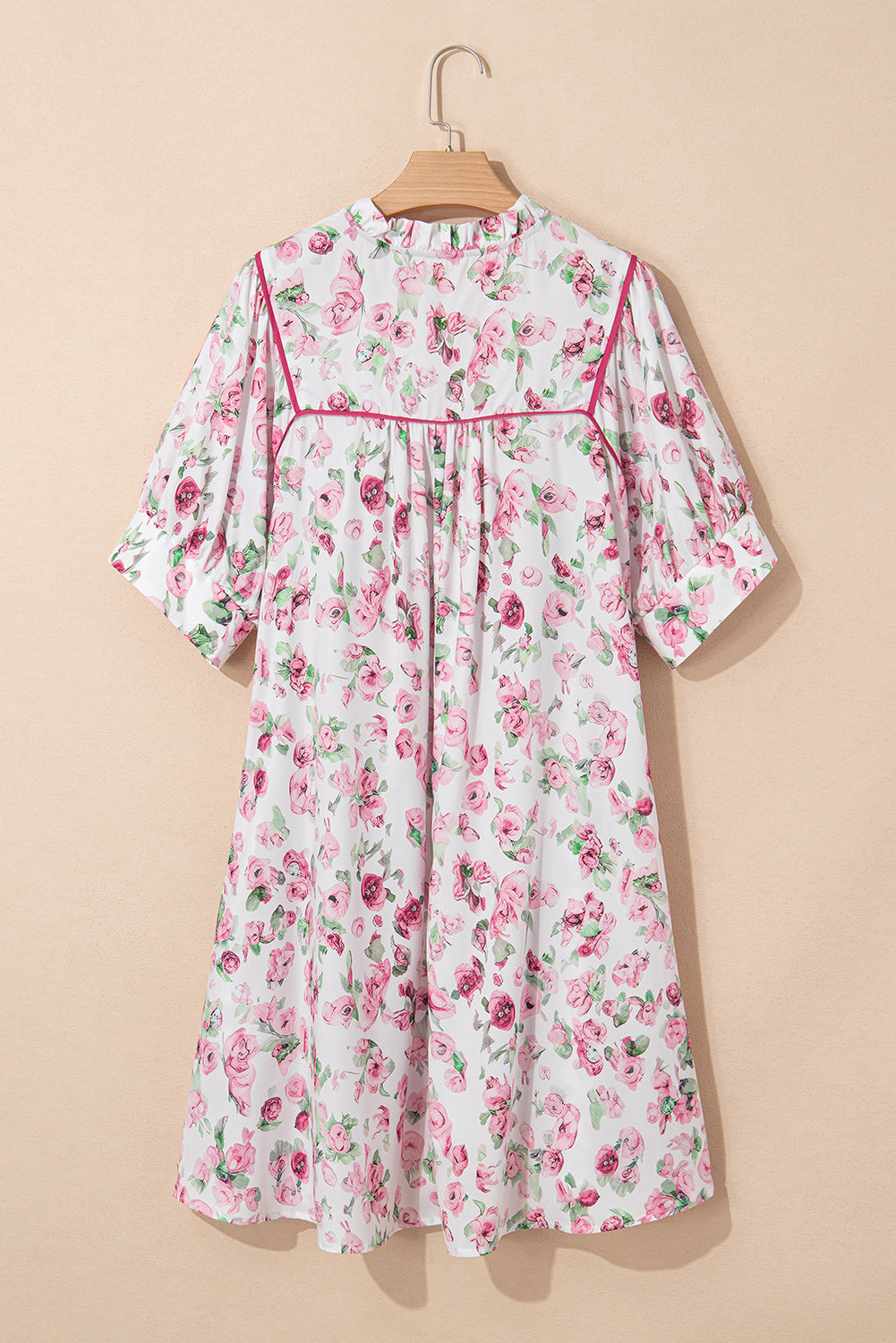 Pink Floral Split Neck Short Sleeve Loose Plus Size Mini Dress BB Fashion Outlet