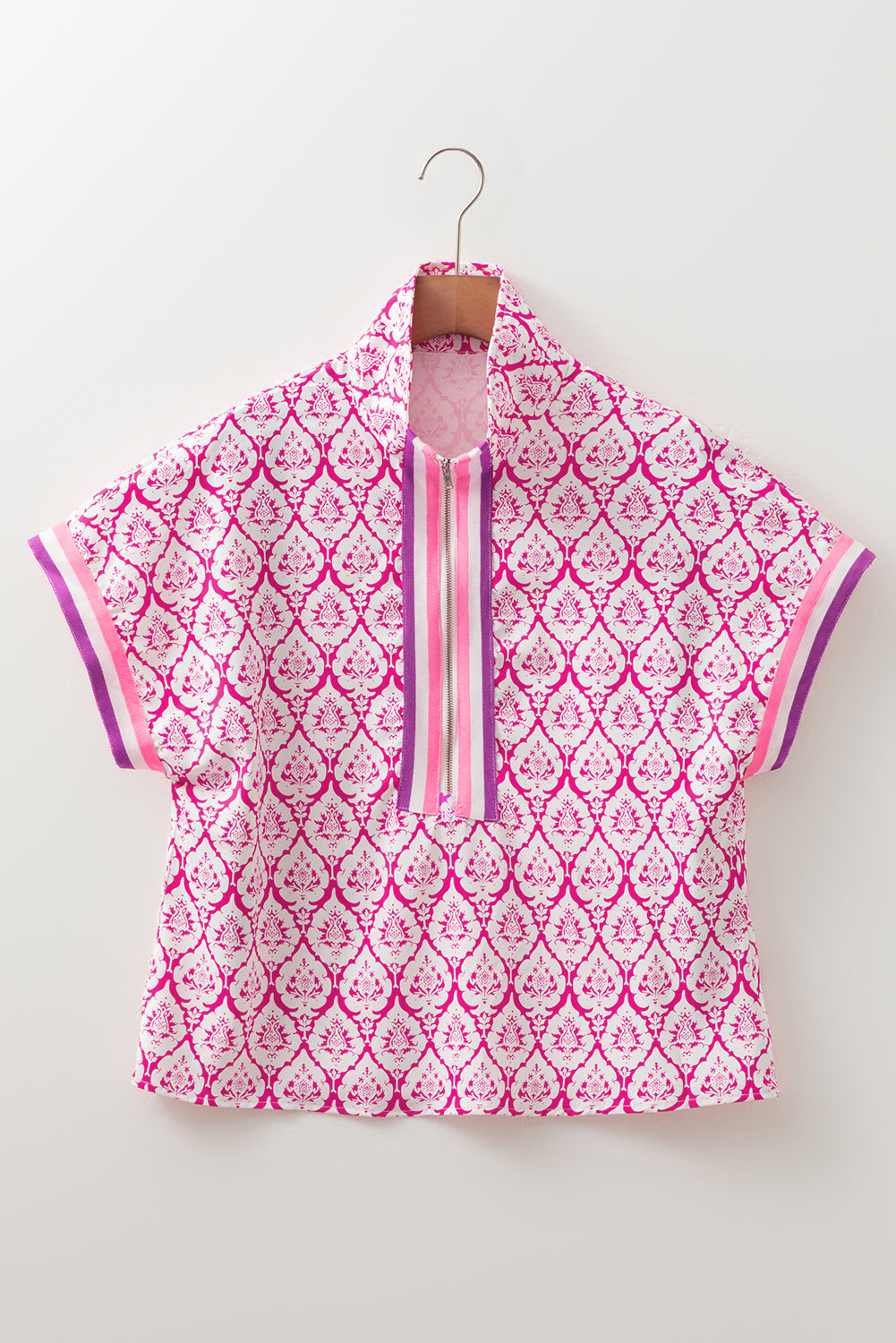 Western Print Zipped Collar Short Sleeve Blouse Top - eAura