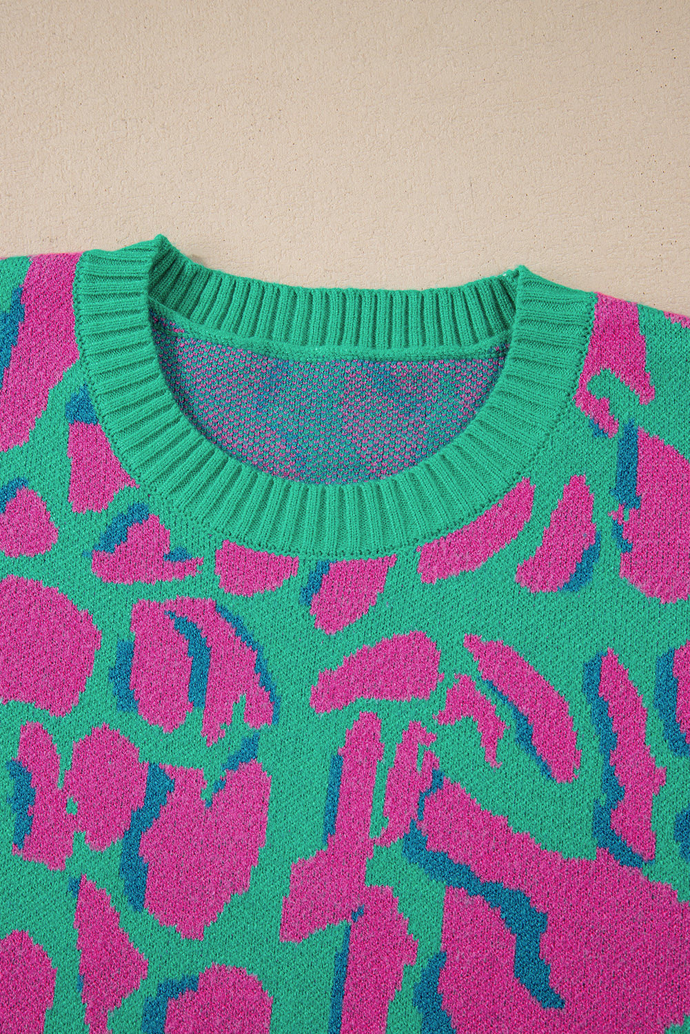 Green Abstract Print Ribbed Trim Baggy Sweater eAura