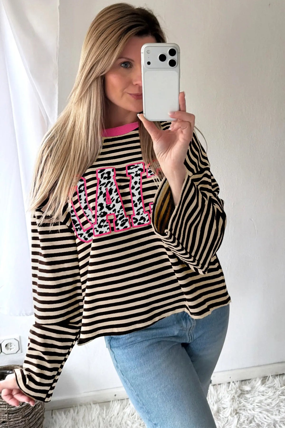 Long Sleeve Shift Top with Stripe and Graphic Lettering