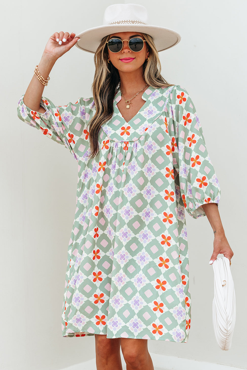 Green Geometric Floral Print 3/4 Sleeve Notched Neck Mini Dress eAura