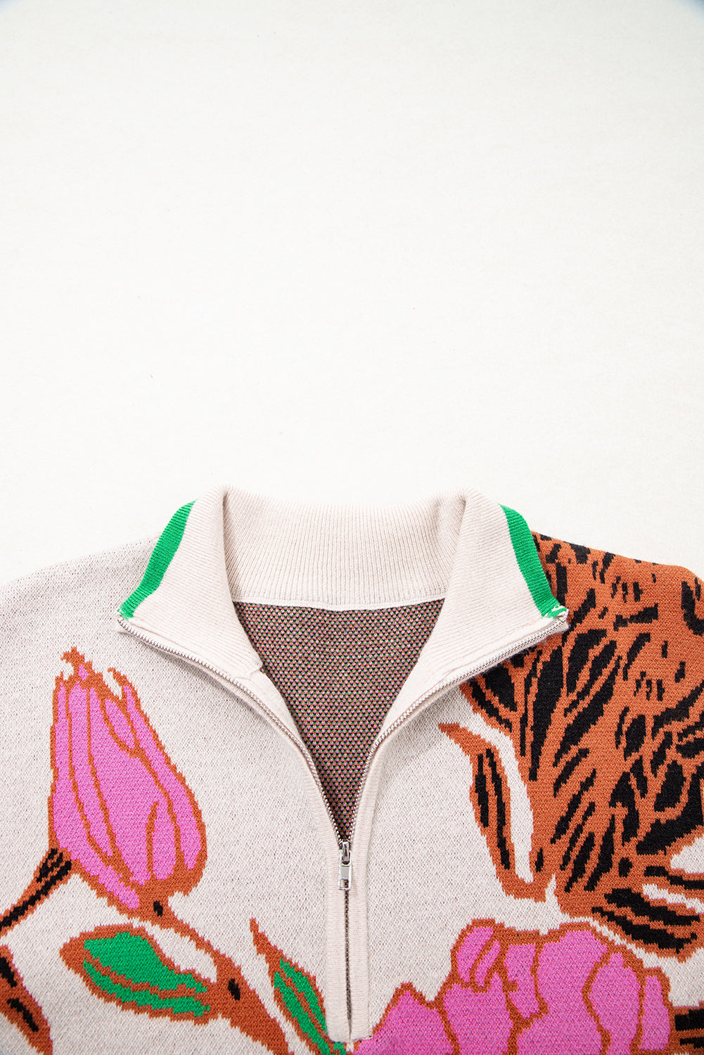Floral Pattern Knit Quarter Zip Stand Neck Sweater - Sweaters & Cardigans/Sweaters