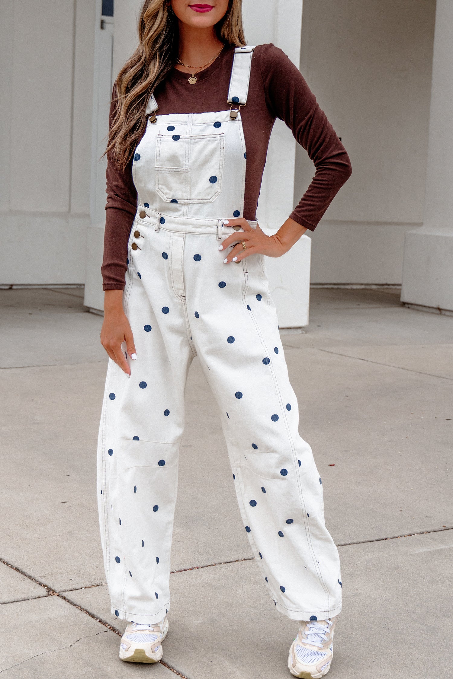 Polka Dot Print Bib Pocket Denim Barrel Overalls