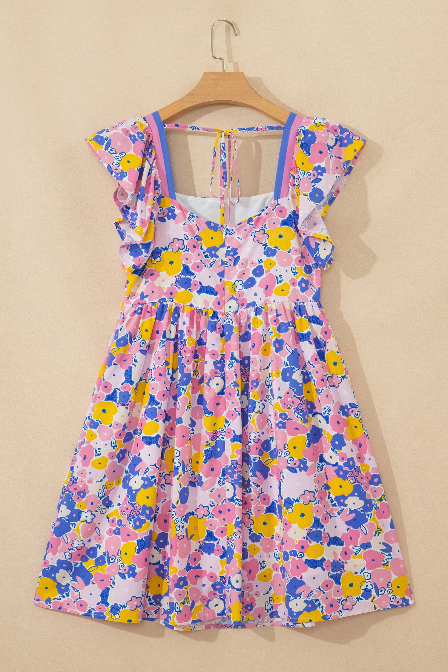 Floral Print Flutter Sleeve Striped Trim Square Neck Loose Mini Dress – Multicolour