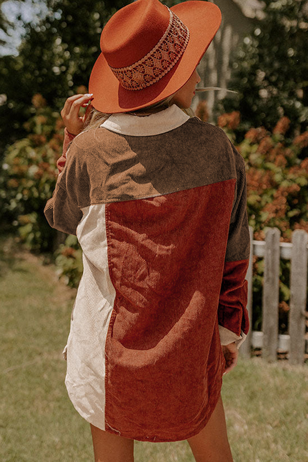 Cinnamon Colourblock Curved Hem Corduroy Shacket with Pocket Beagle Boutique Fashion Outlet