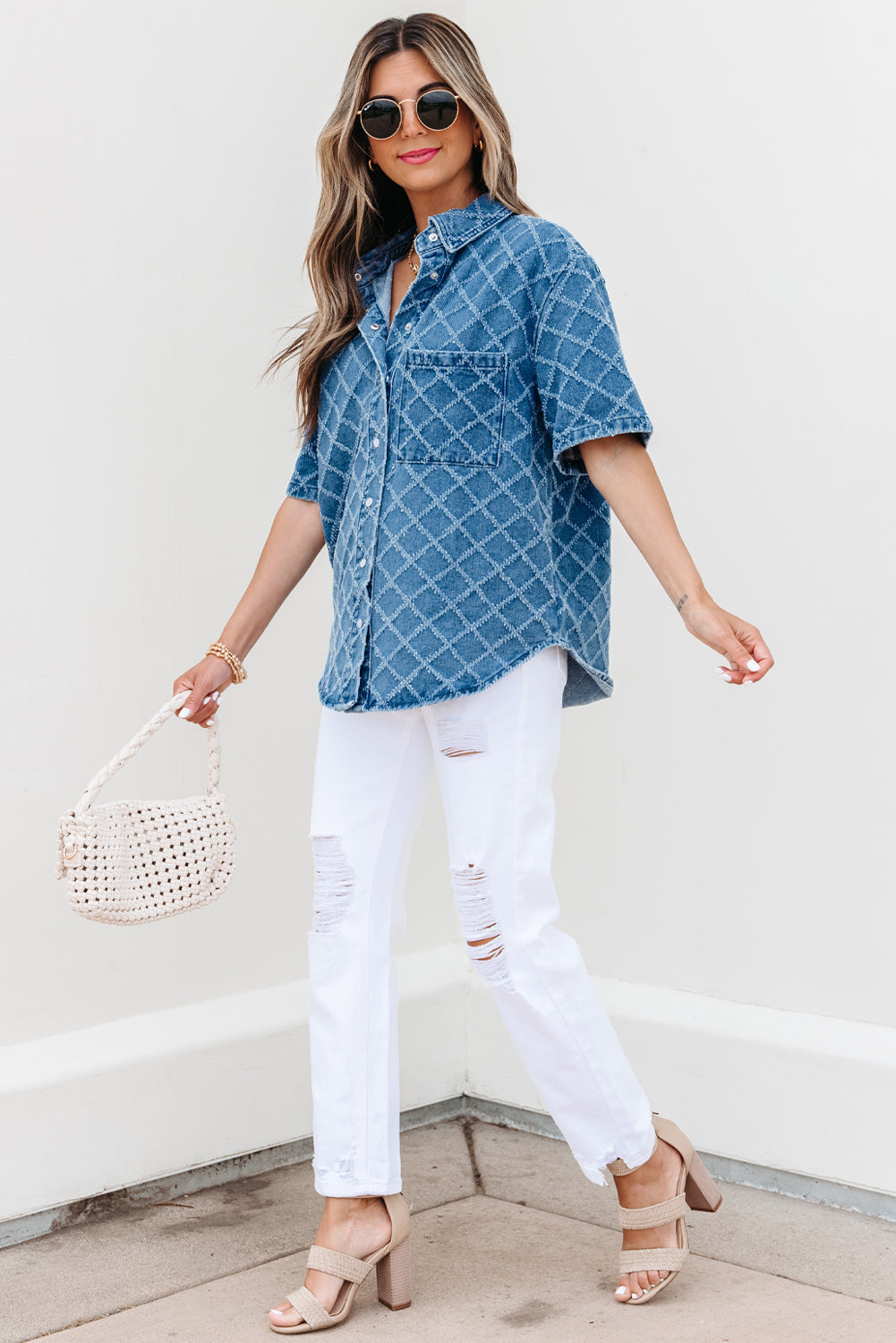 Dusk Blue Checkered Textured Short Sleeve Patched Pocket Denim Shirt eAura