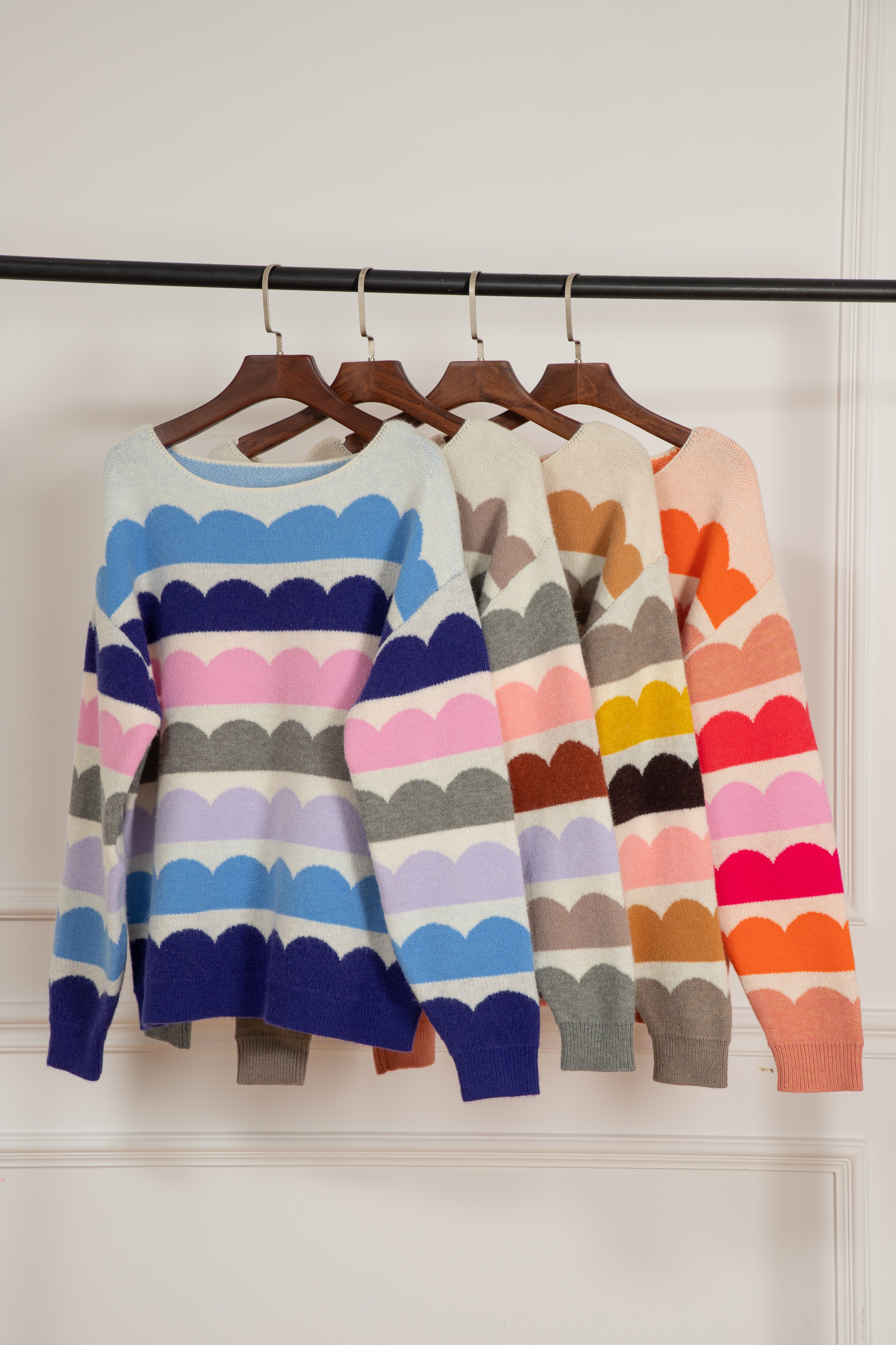 Dark Blue Wave Striped Balloon Sleeve Drop Shoulder Sweater - Sweaters & Cardigans/Sweaters