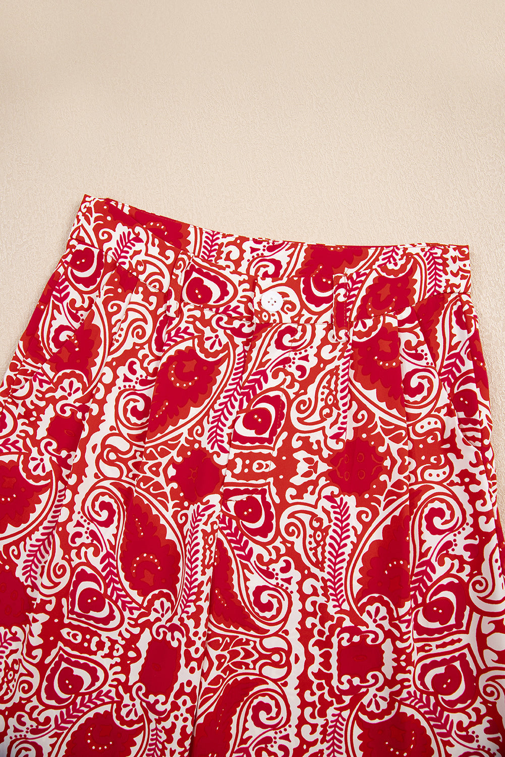 Red Paisley Printed Buttoned High Waist Straight Leg Trousers eAura