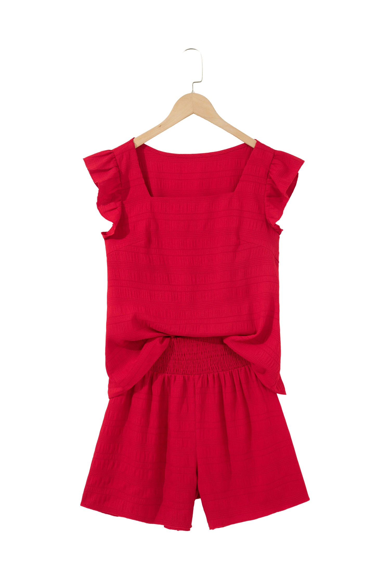Textured Square Neck Top & Shirred High Waist Shorts Co-ord Set