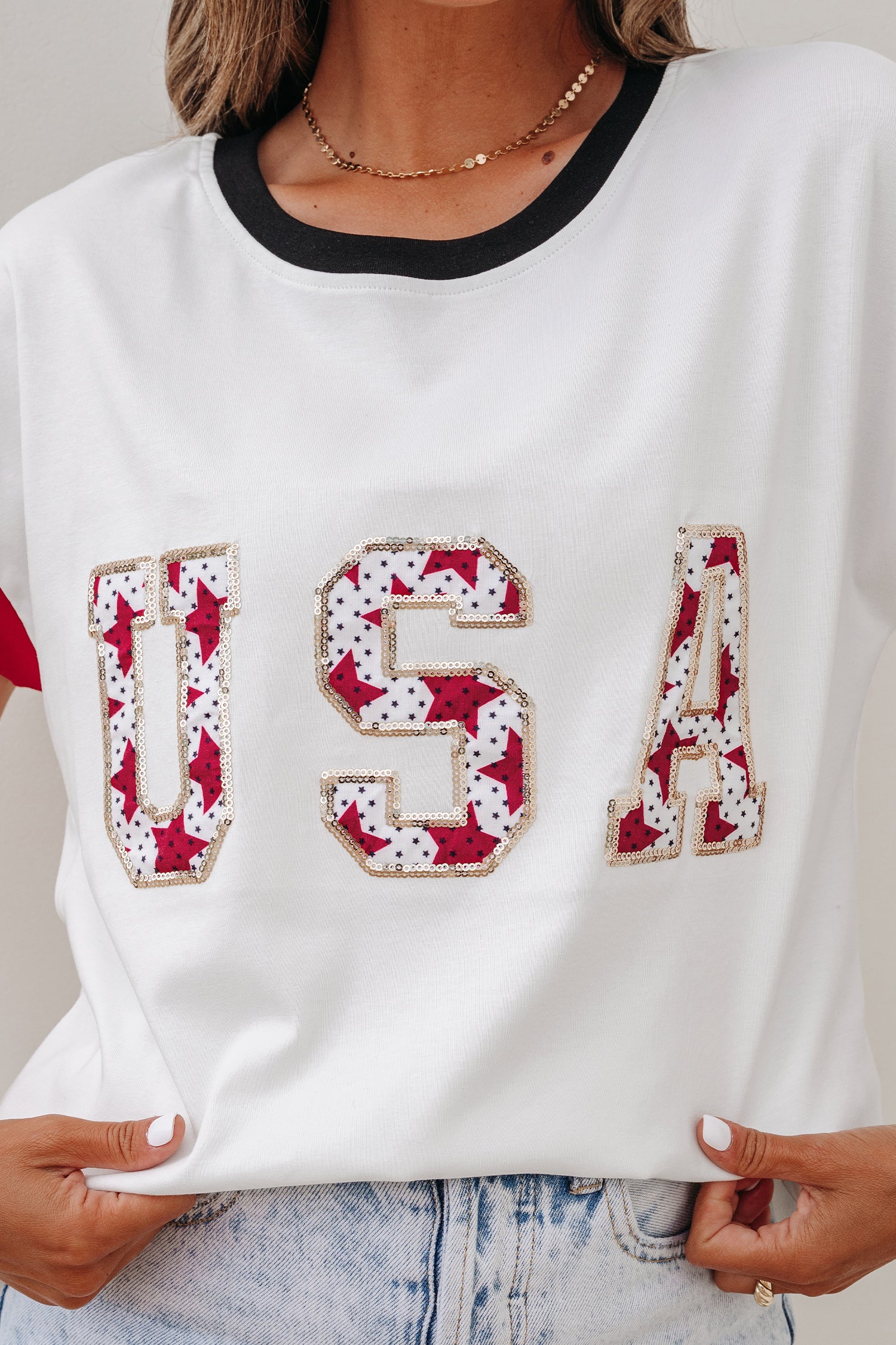 USA Sequin Colour Block Loose T-Shirt