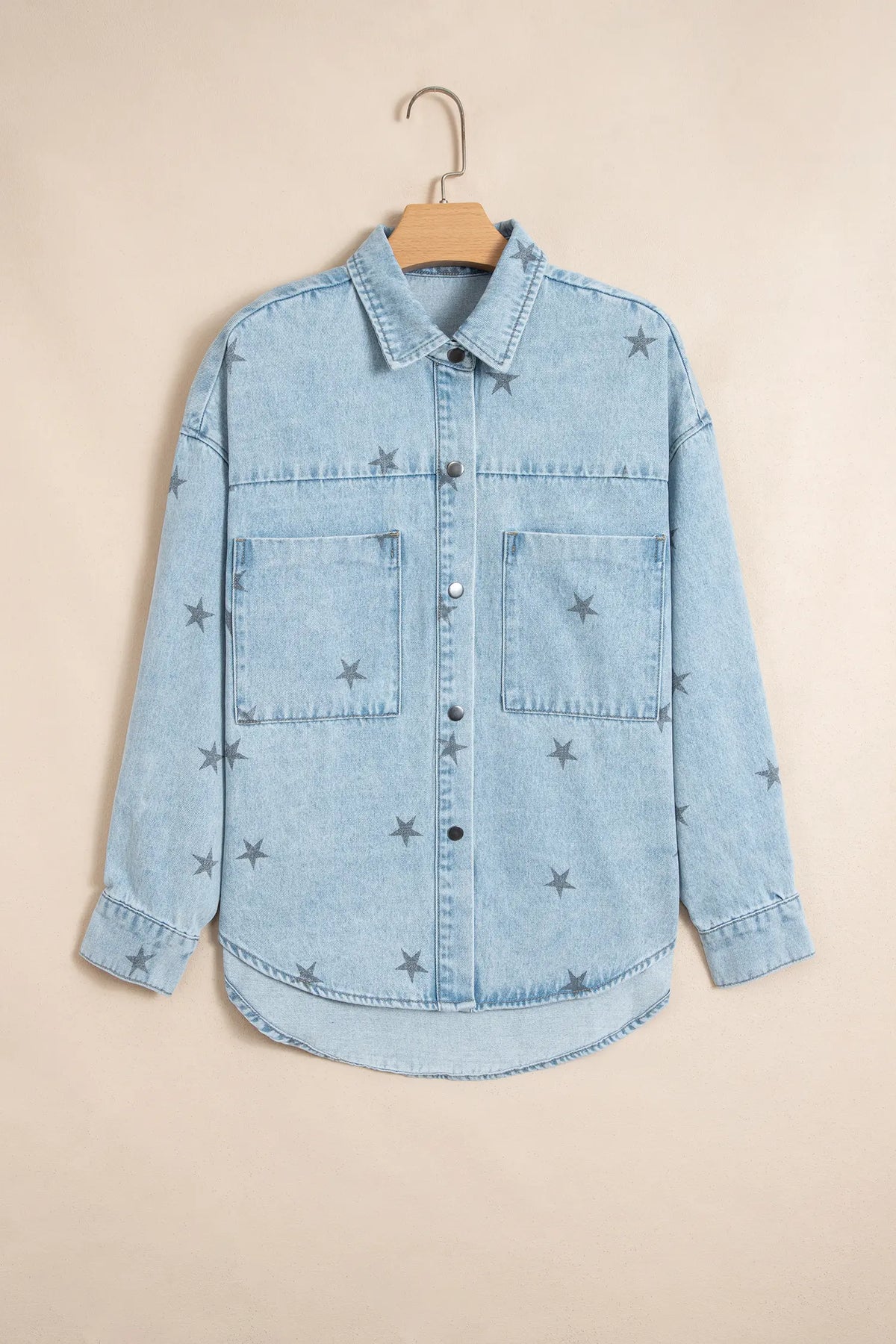 Sky Blue Stars Pattern Long Sleeve Shirt Collar Denim Jacket – Light Blue