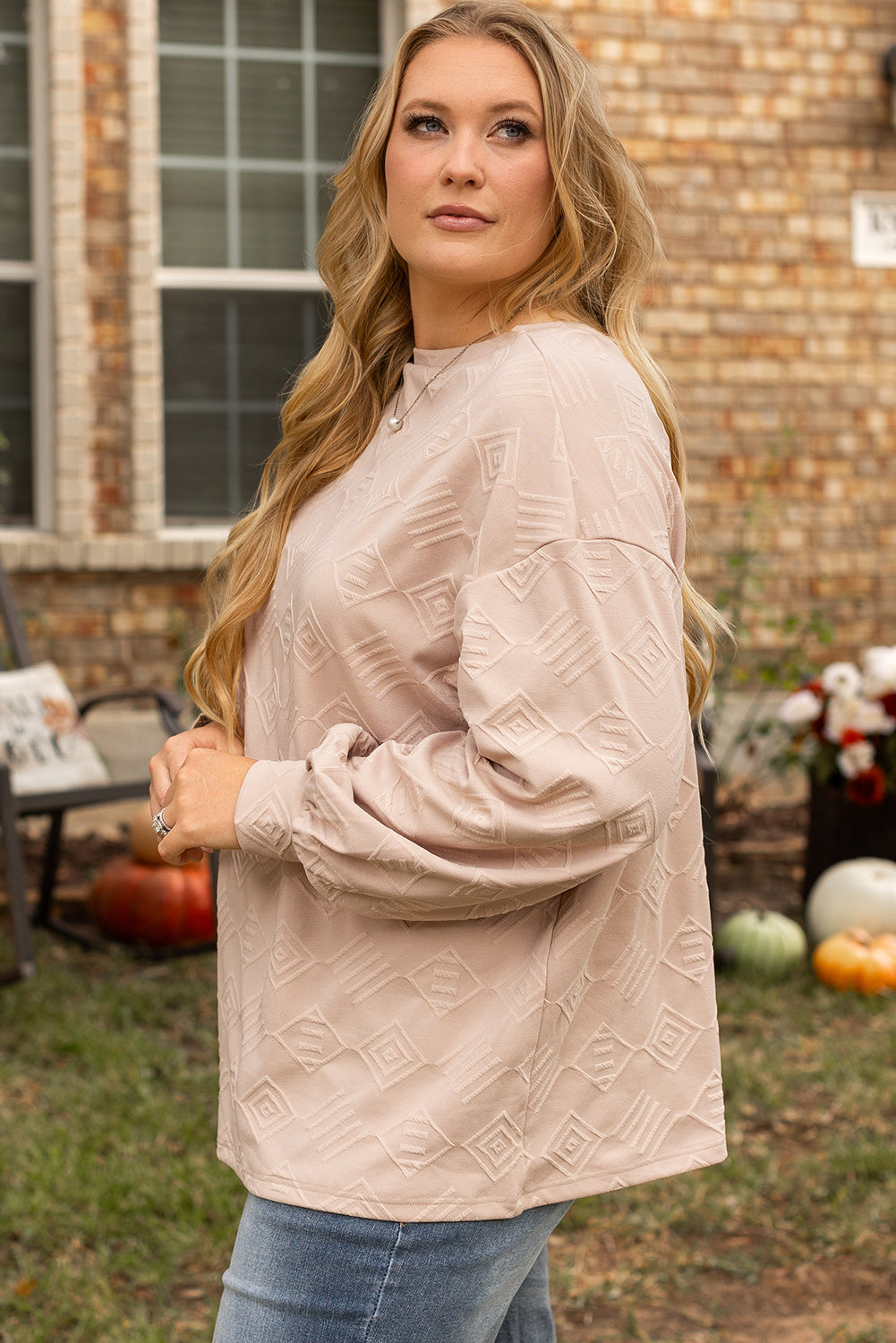 Parchment Plus Size Textured Drop Shoulder Crew Neck Sweatshirt Beagle Boutique Fashion Outlet