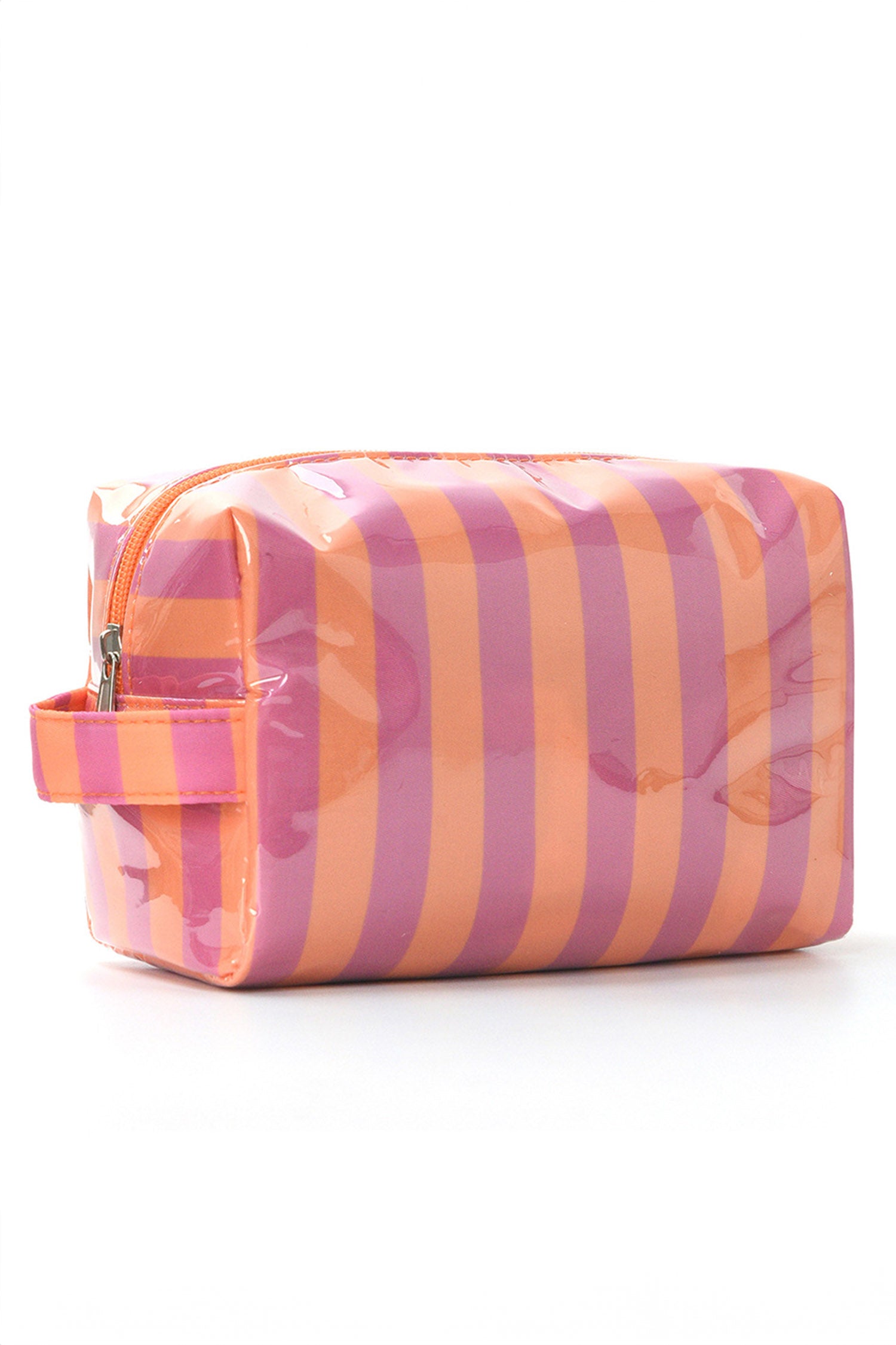 Fiery Red PVC Striped Cosmetic Bag Durable Zipper Handle Travel Organizer