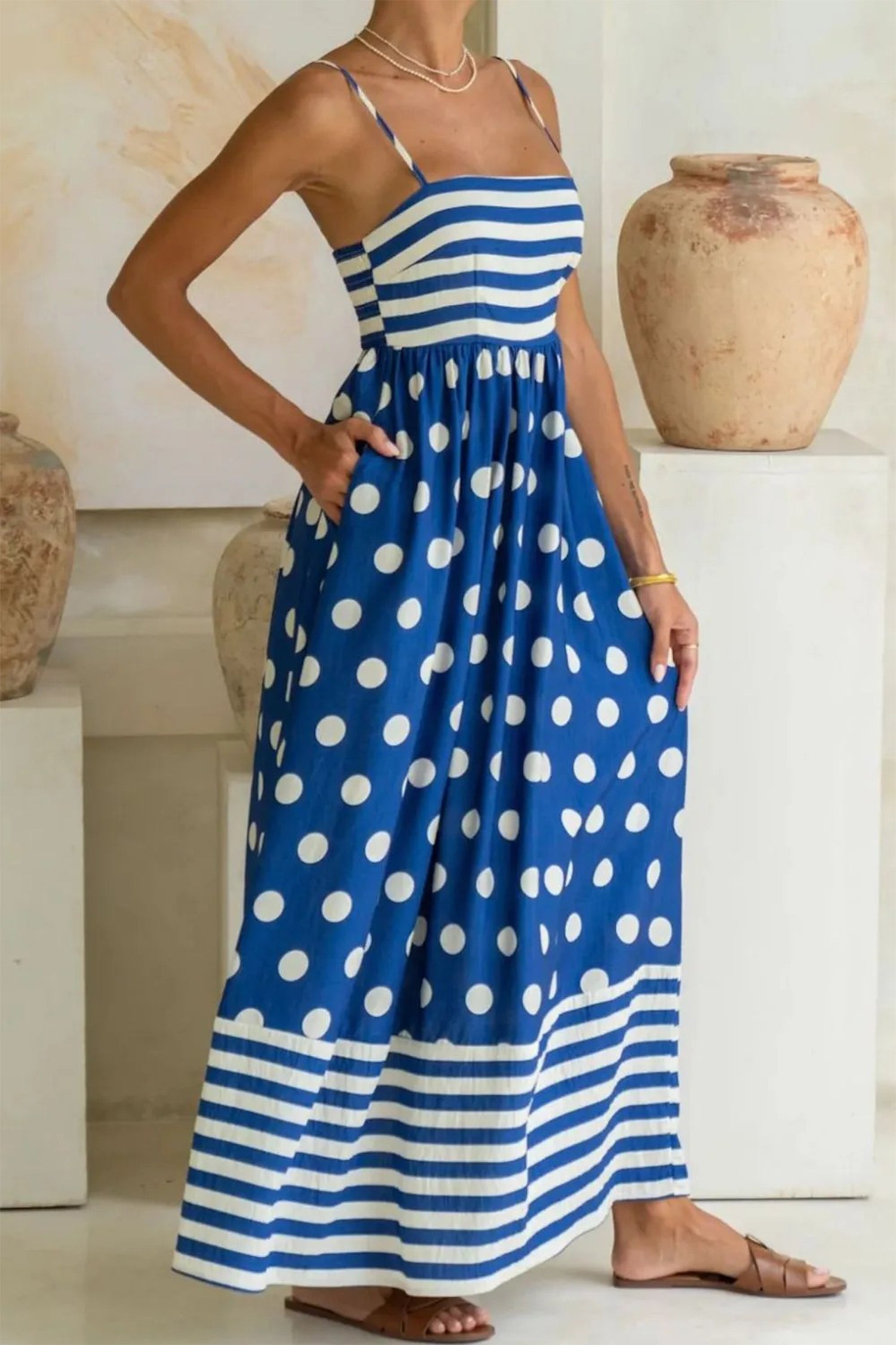 Striped Polka Dot Patchwork High Waist Spaghetti Straps Maxi Dress