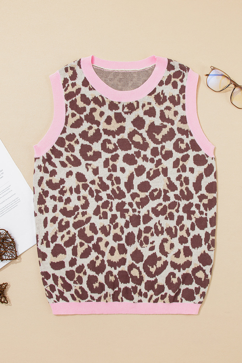 Brown Leopard Pattern Contrast Rib Trim Sleeveless Sweater eAura